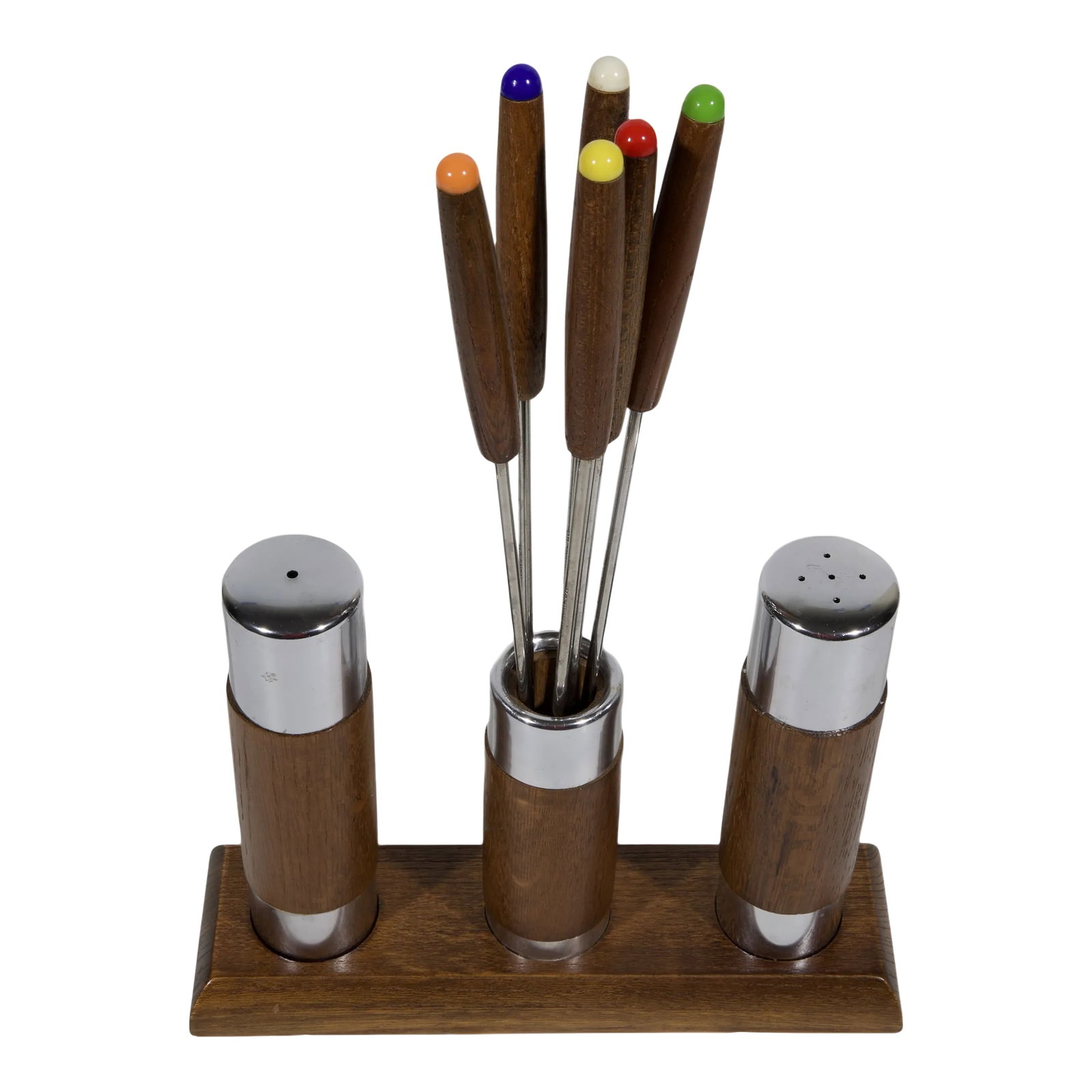 1970's Fondue Serving Set - New in Box: 9 Piece fondue serving set. New in the box. Set Includes: 6 Stainless steel forks 1 Pair of salt and pepper Storage stand All in solid keyaki wood Forks measure 10.75" long Condition: Alterations: