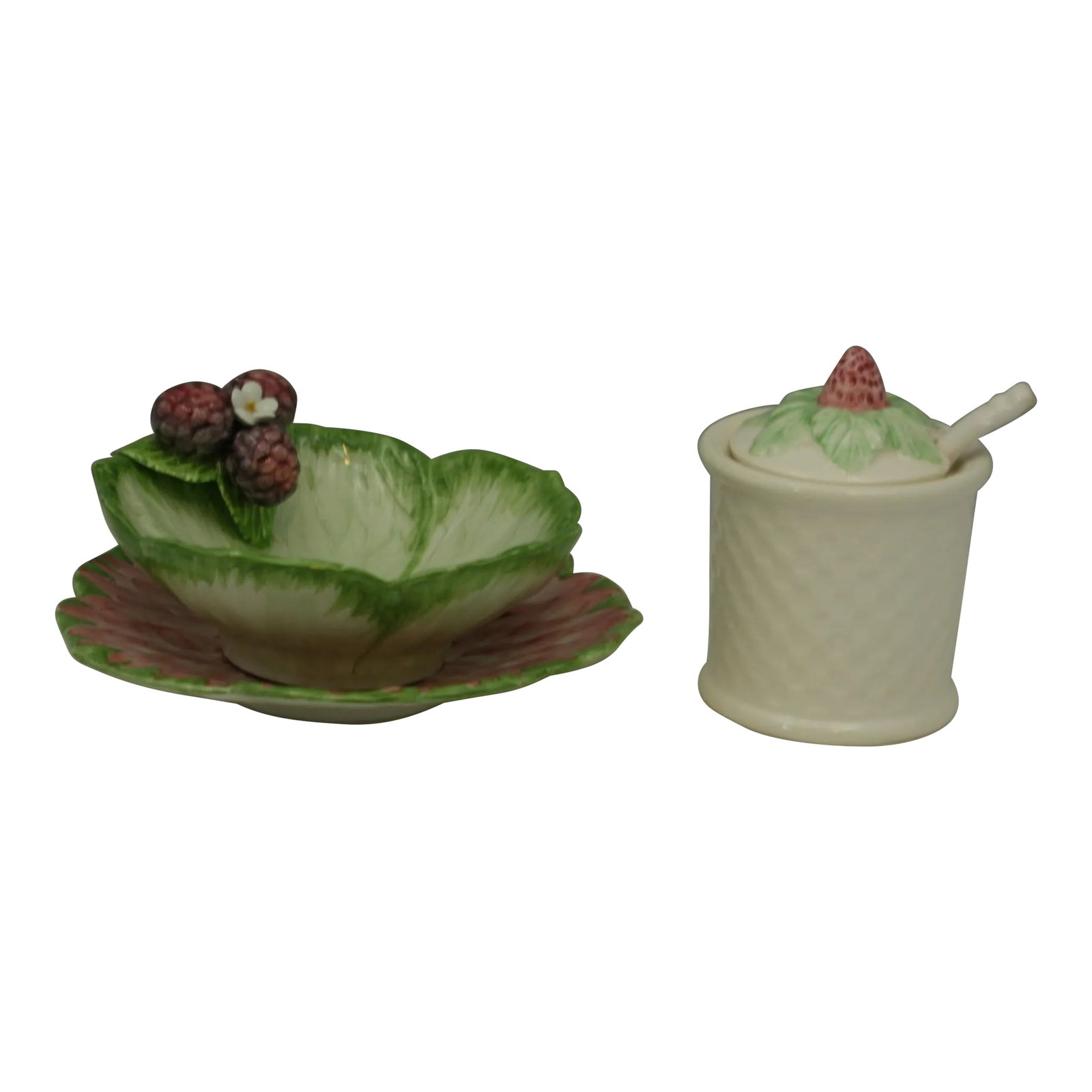 Vintage Handcrafted European Pottery Berry Serving Set Bowl Plate Jar - 5 Pieces: Vintage European Pottery Hand Crafted Berry Serving Set 5 Piece Set This handcrafted serving set consists of a berry bowl, underplate, and lidded sugar or condiment jar with a serving spoon. The berry