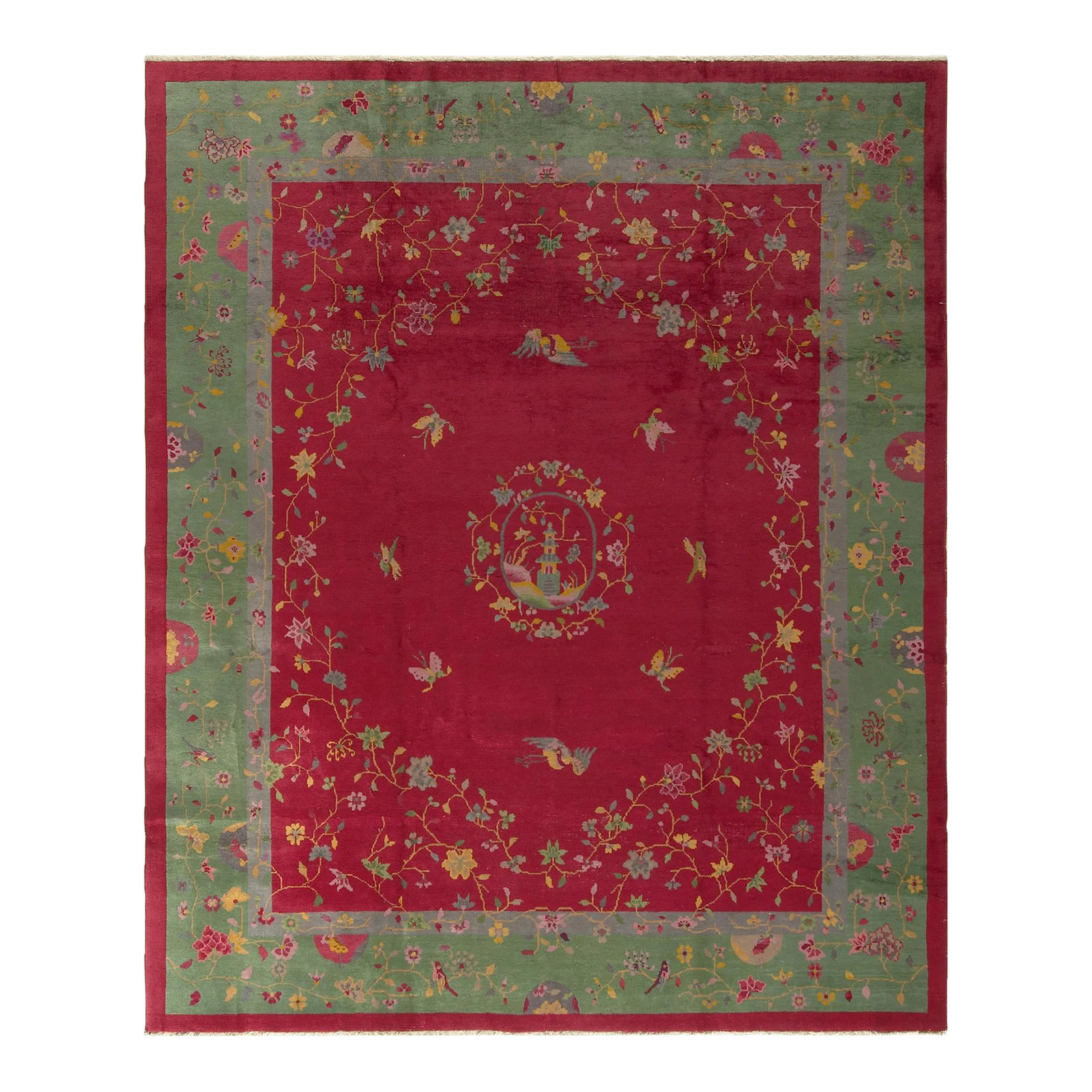 Red and Green Pictorial Floral Antique Chinese Art Deco Rug 7'11" X 9'7": This exquisite rug boasts a striking red backdrop complemented by a graceful green inner border, creating a captivating contrast. Crafted with meticulous care, this rug features intricate floral desig