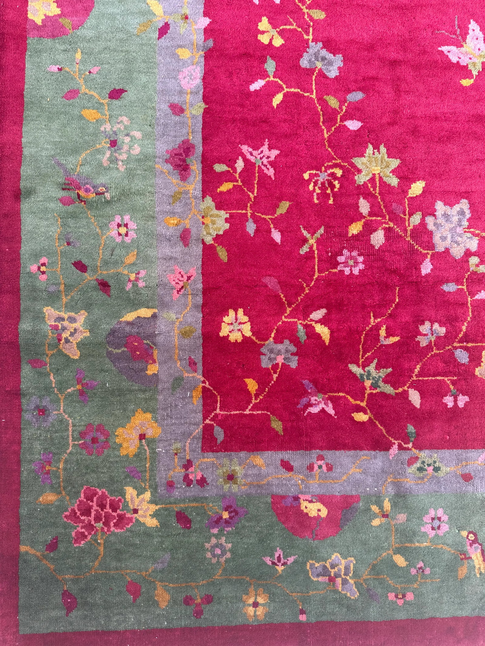 Red and Green Pictorial Floral Antique Chinese Art Deco Rug 7'11" X 9'7" - 2
