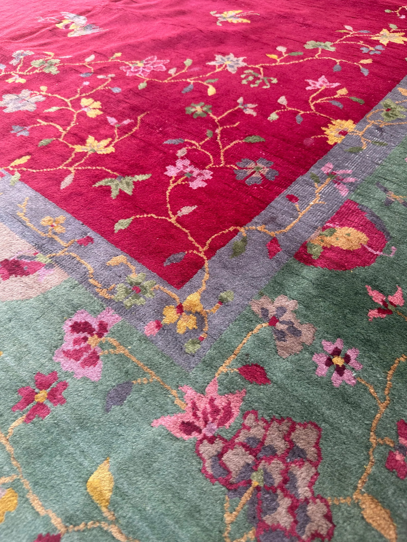 Red and Green Pictorial Floral Antique Chinese Art Deco Rug 7'11" X 9'7" - 3