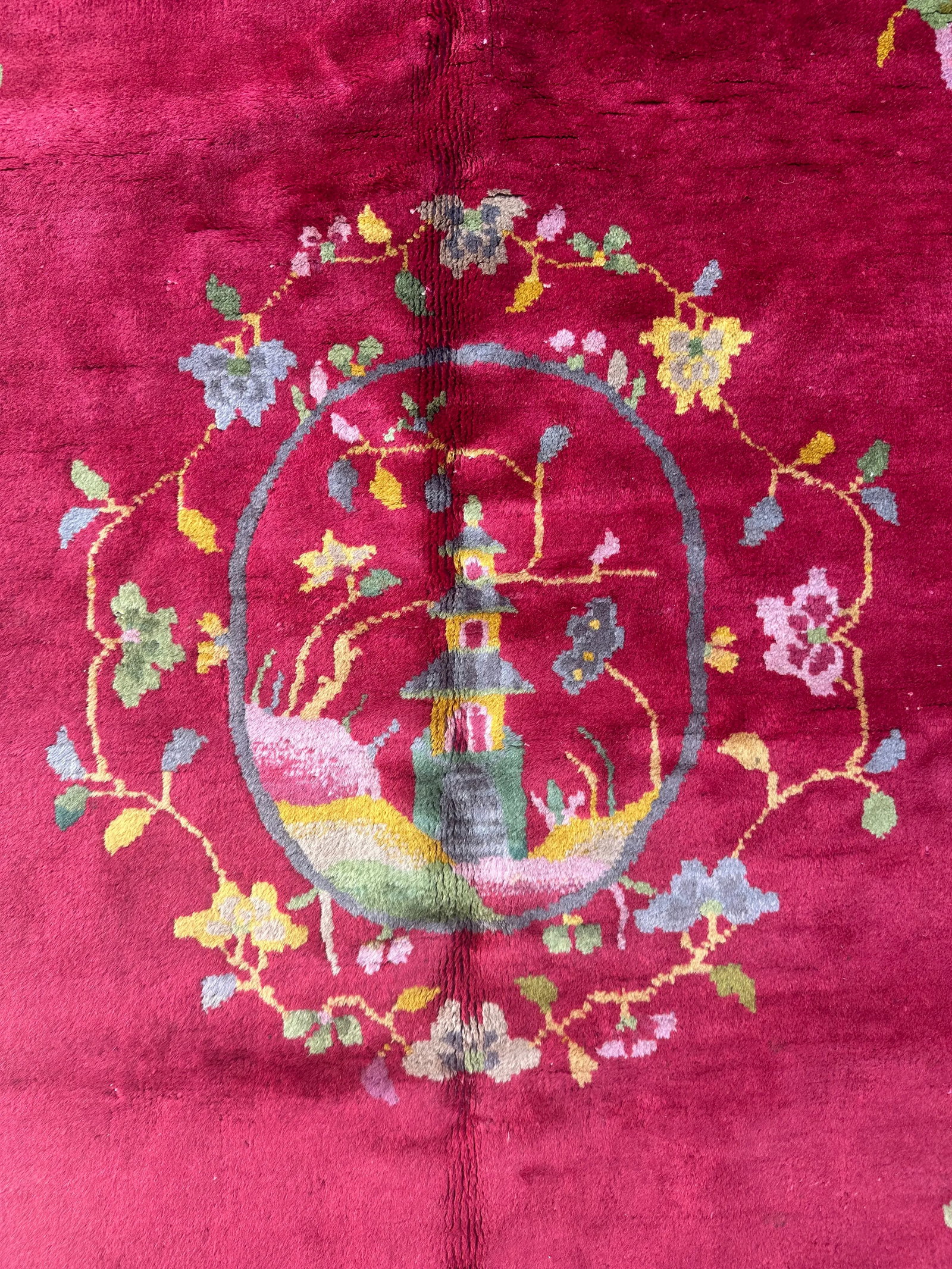 Red and Green Pictorial Floral Antique Chinese Art Deco Rug 7'11" X 9'7" - 4