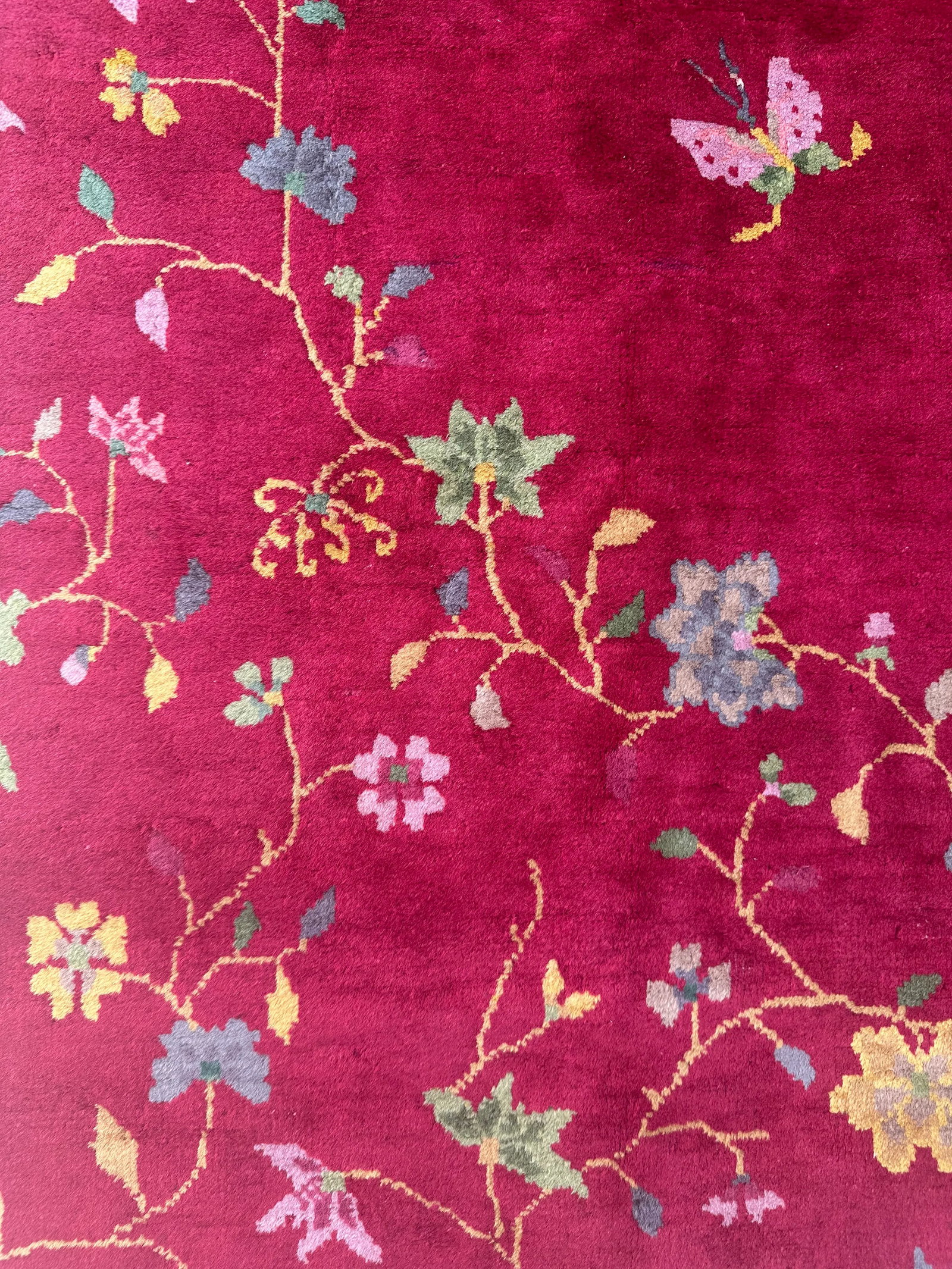 Red and Green Pictorial Floral Antique Chinese Art Deco Rug 7'11" X 9'7" - 5