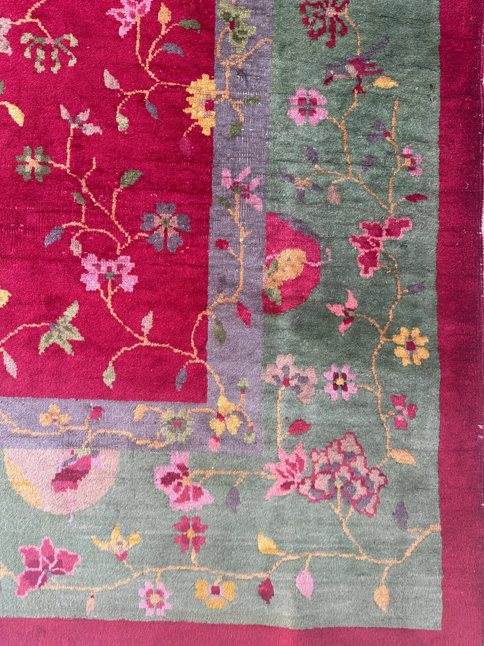 Red and Green Pictorial Floral Antique Chinese Art Deco Rug 7'11" X 9'7" - 6