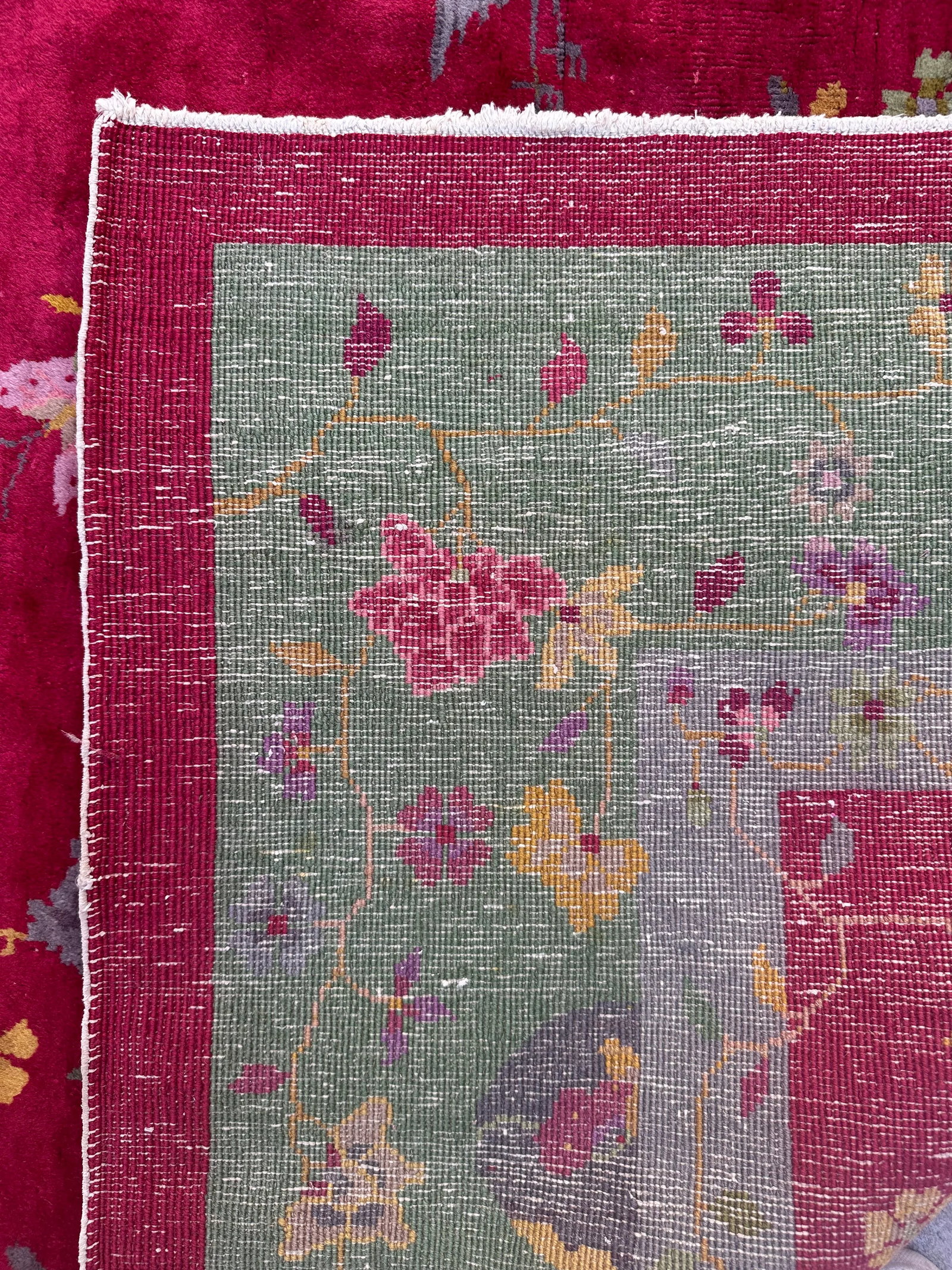 Red and Green Pictorial Floral Antique Chinese Art Deco Rug 7'11" X 9'7" - 7
