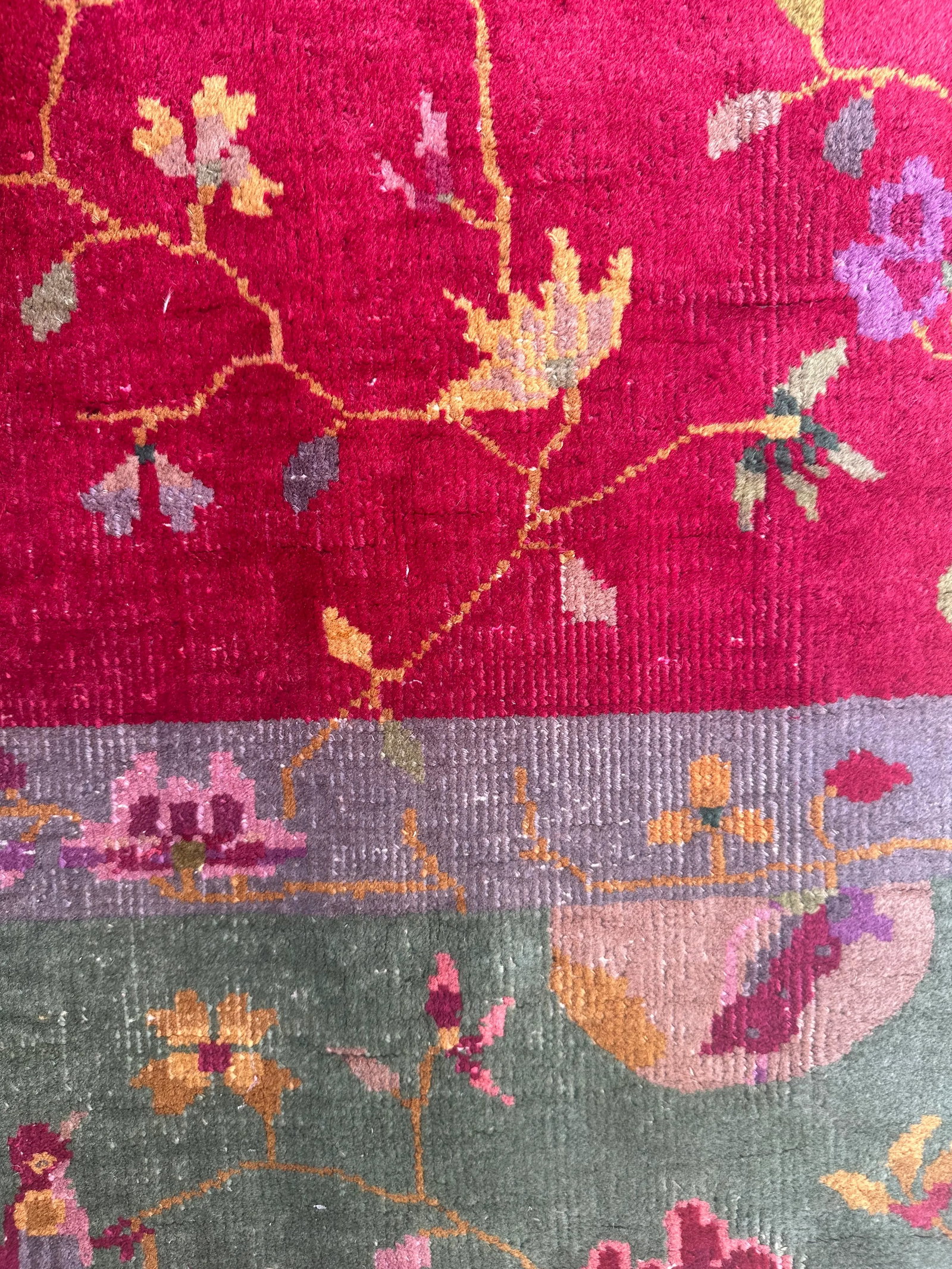 Red and Green Pictorial Floral Antique Chinese Art Deco Rug 7'11" X 9'7" - 9