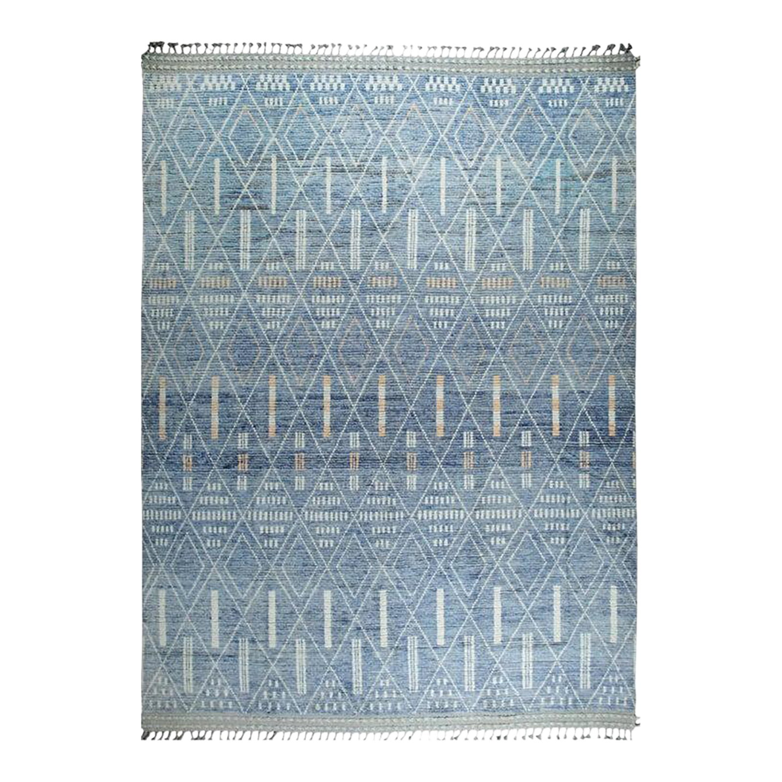 New Modern Contemporary Light Blue Hand-Knotted Wool Pile Geometric Tribal Moroccan Berber Diamond D: This hand knotted pile rug features a primary blue color palette and is crafted from durable wool. Designed in the style of a Berber carpet, this floor covering combines traditional weaving
