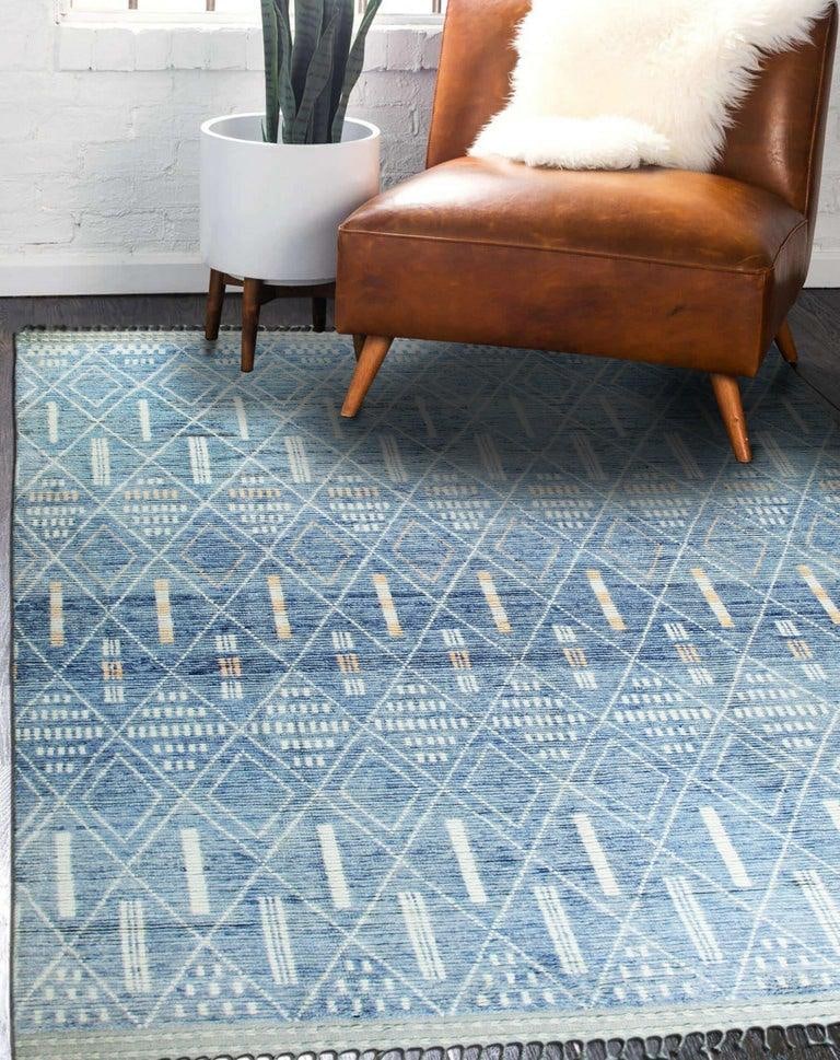 New Modern Contemporary Light Blue Hand-Knotted Wool Pile Geometric Tribal Moroccan Berber Diamond D - 5