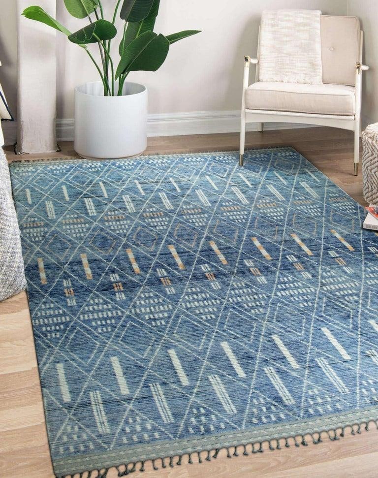 New Modern Contemporary Light Blue Hand-Knotted Wool Pile Geometric Tribal Moroccan Berber Diamond D - 6