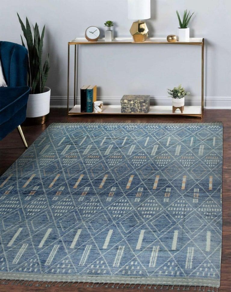 New Modern Contemporary Light Blue Hand-Knotted Wool Pile Geometric Tribal Moroccan Berber Diamond D - 7