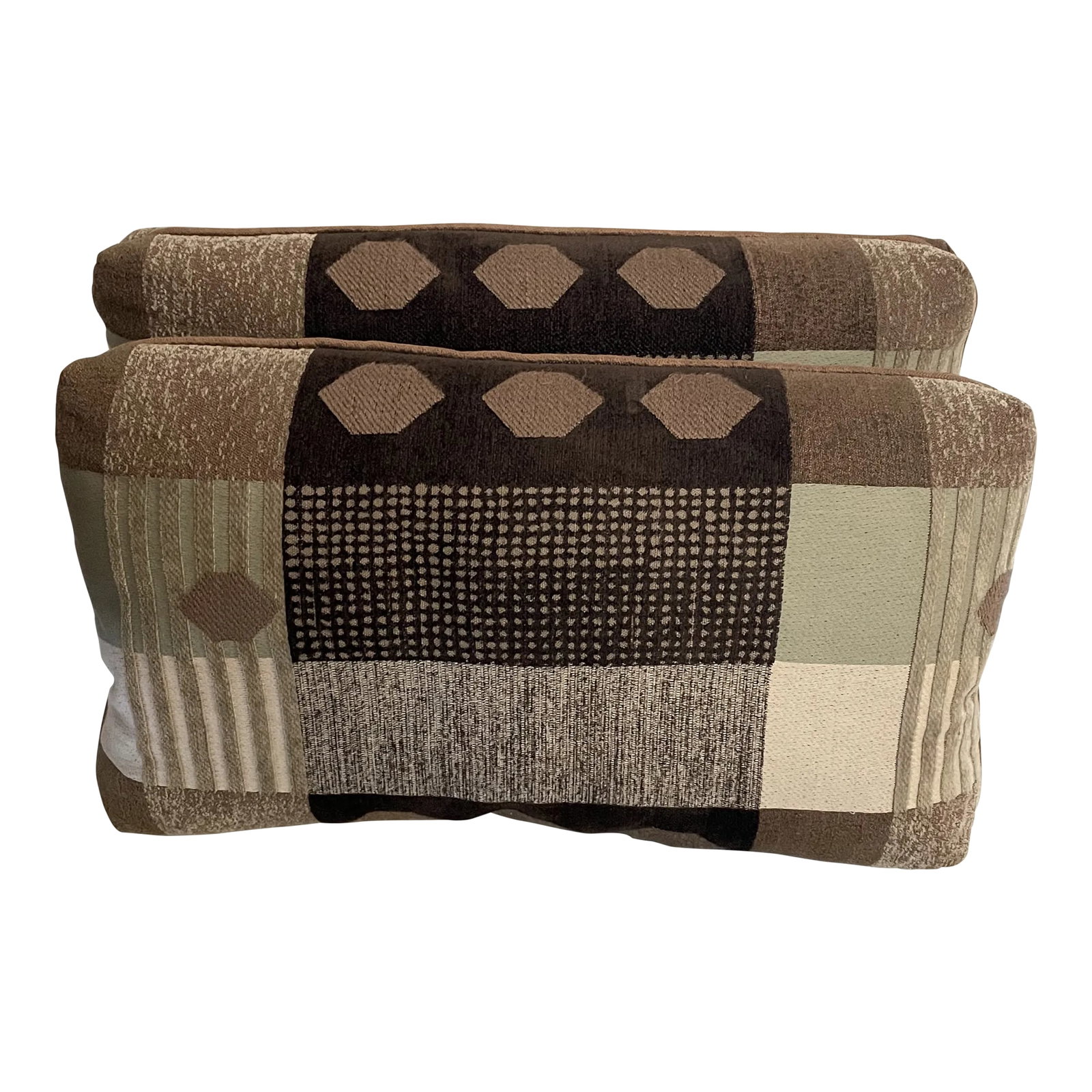 Pair of Vintage Kidney Pillows: Pair of vintage kidney pillows in soft green color and shades of browns and tan. Excellent condition Condition: Alterations: Original Condition Unaltered Imperfections: Some Imperfections Condition