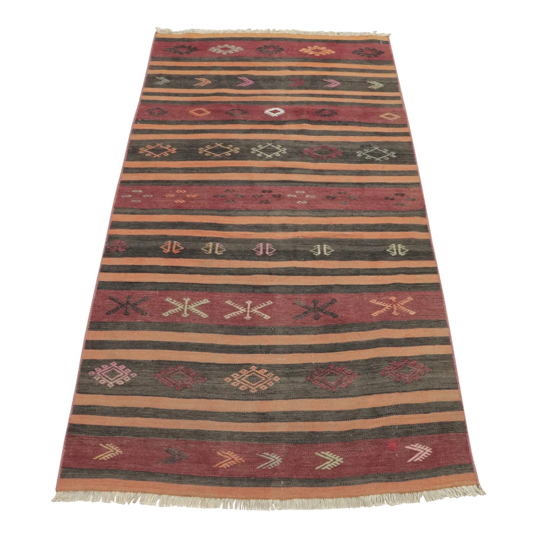 1950s Turkish Southwestern Red Striped Hand Knotted Cicim Kilim Rug: Size: 3.3 x 6 ft ( 100 x 180 cm) 39 x 70 inches Color: Organic Natural Dye ( Red,Black,Orange ) Material: 100% Hand Spun Organic Wool Condition:Professionally washed and cleaned.Ready to use.
