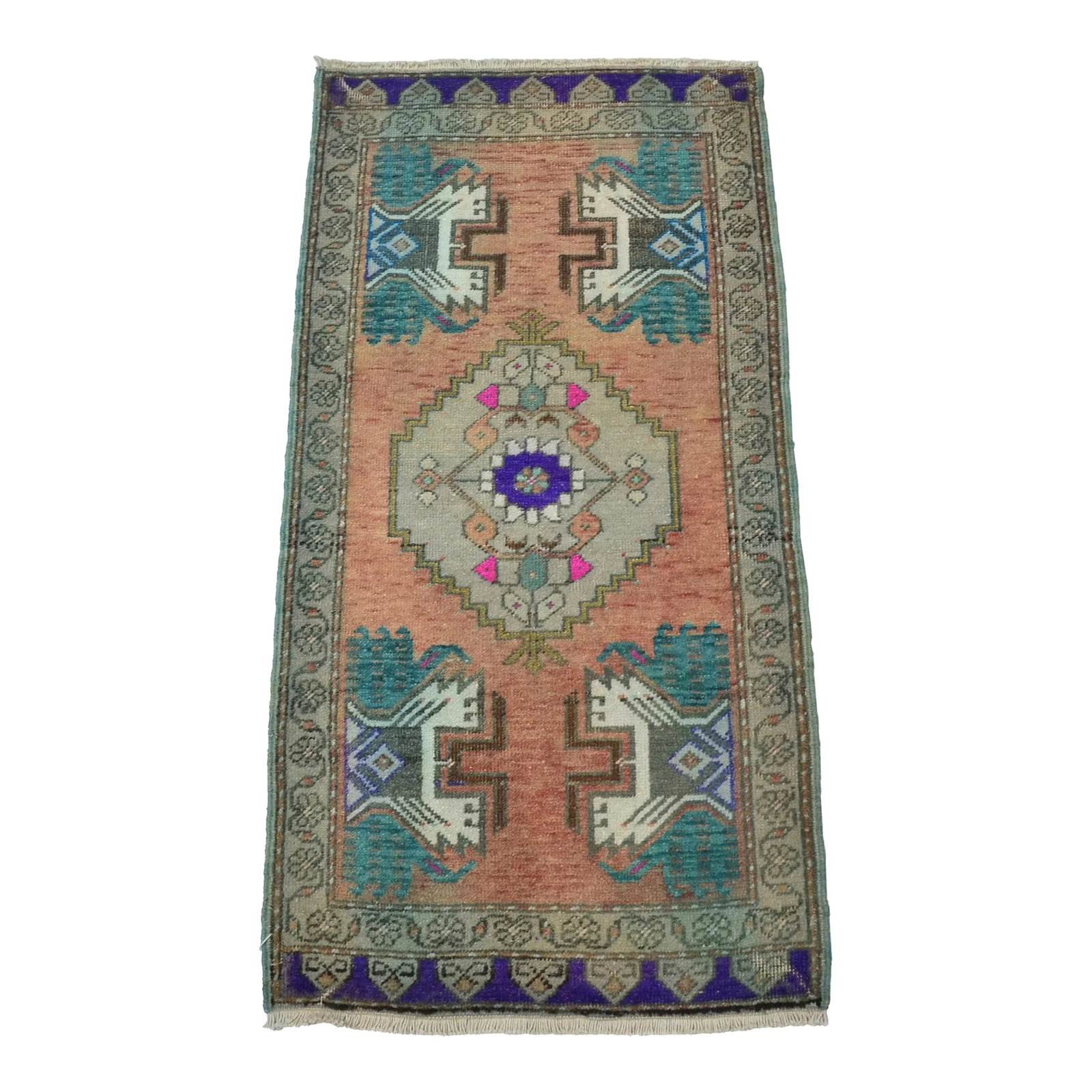 Orange & Teal Color Turkish Tribal Rug: 1960s Handmade wool and cotton rug in Turkish Anatolian Small Rug, Vintage Doormat Rug, Turkish Antique Decorative Rug, Handmade wool Rug . One Of Kind traditional Rug with perfect design and colors.