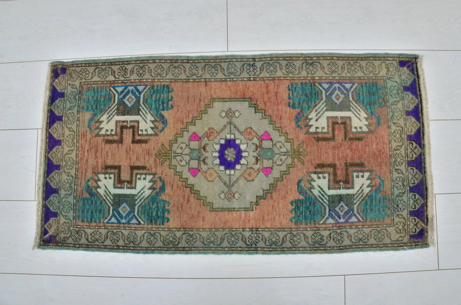 Orange & Teal Color Turkish Tribal Rug - 2