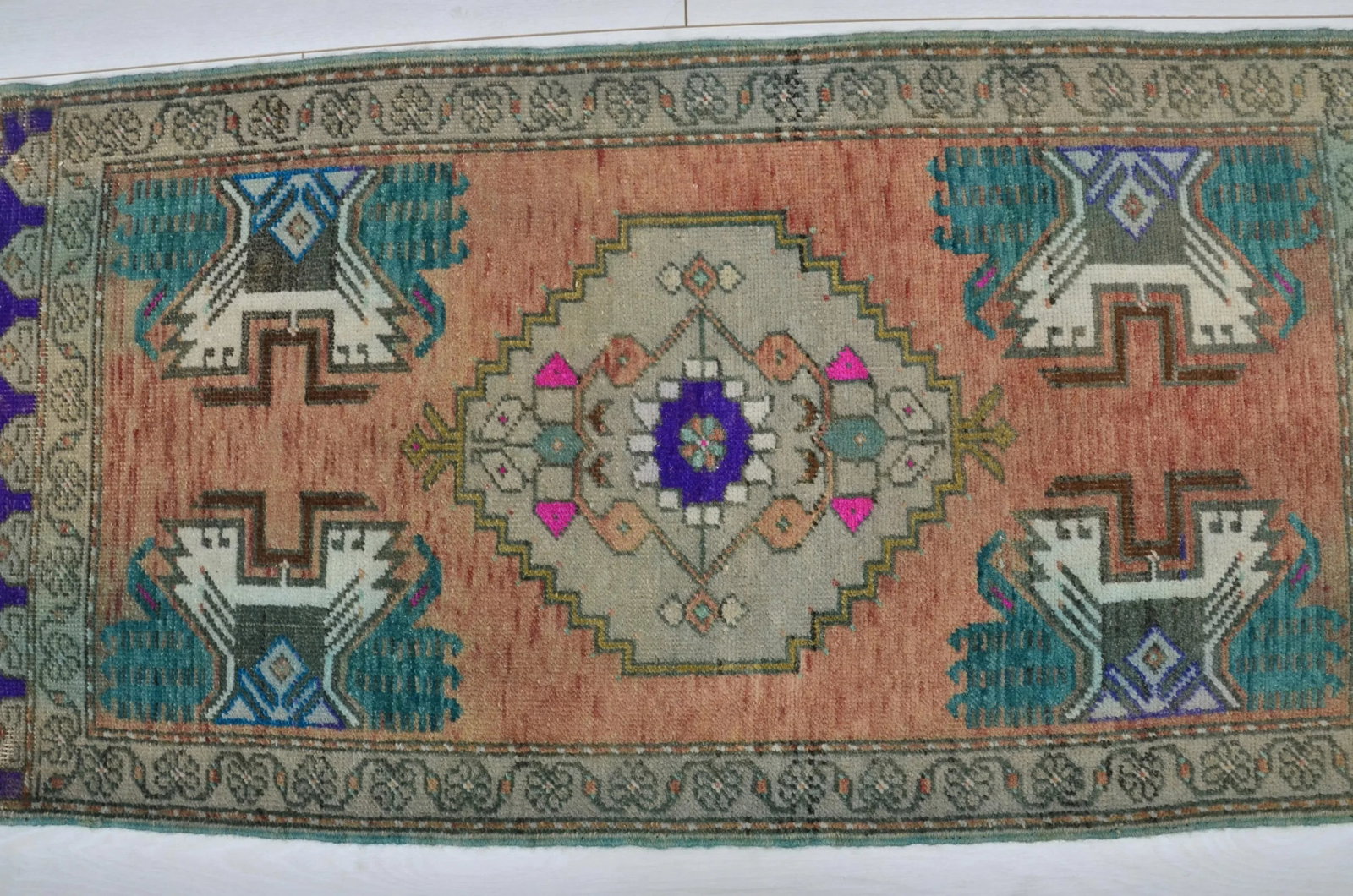 Orange & Teal Color Turkish Tribal Rug - 4
