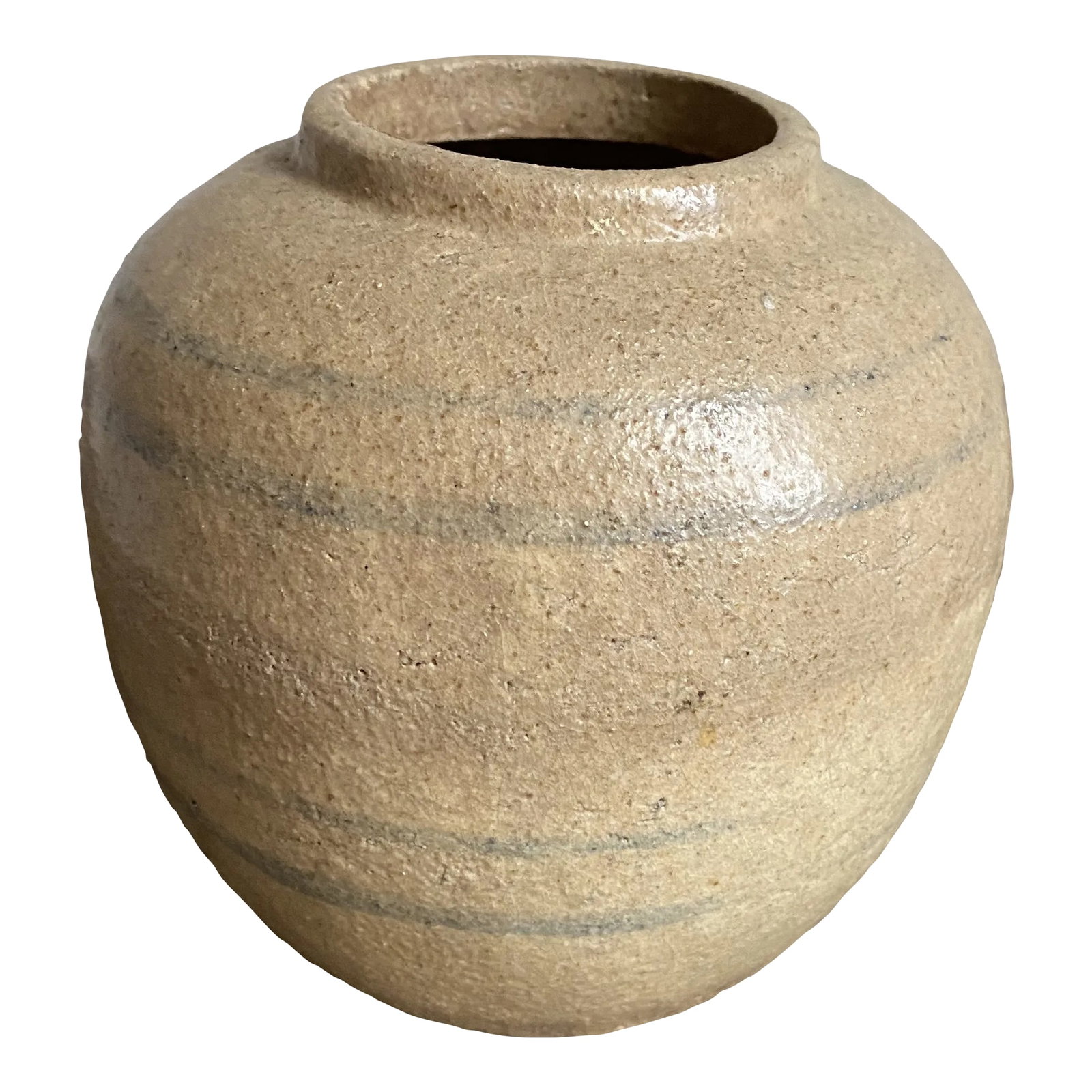 Late 19th Century Salt Glaze Primitive Vase: Crafted from coarse clay but shows a deft hand. Well made walls and symmetrical shape show the maker's experience. Tan clay body accented with two double blue lines in light glaze wash. Attributed as