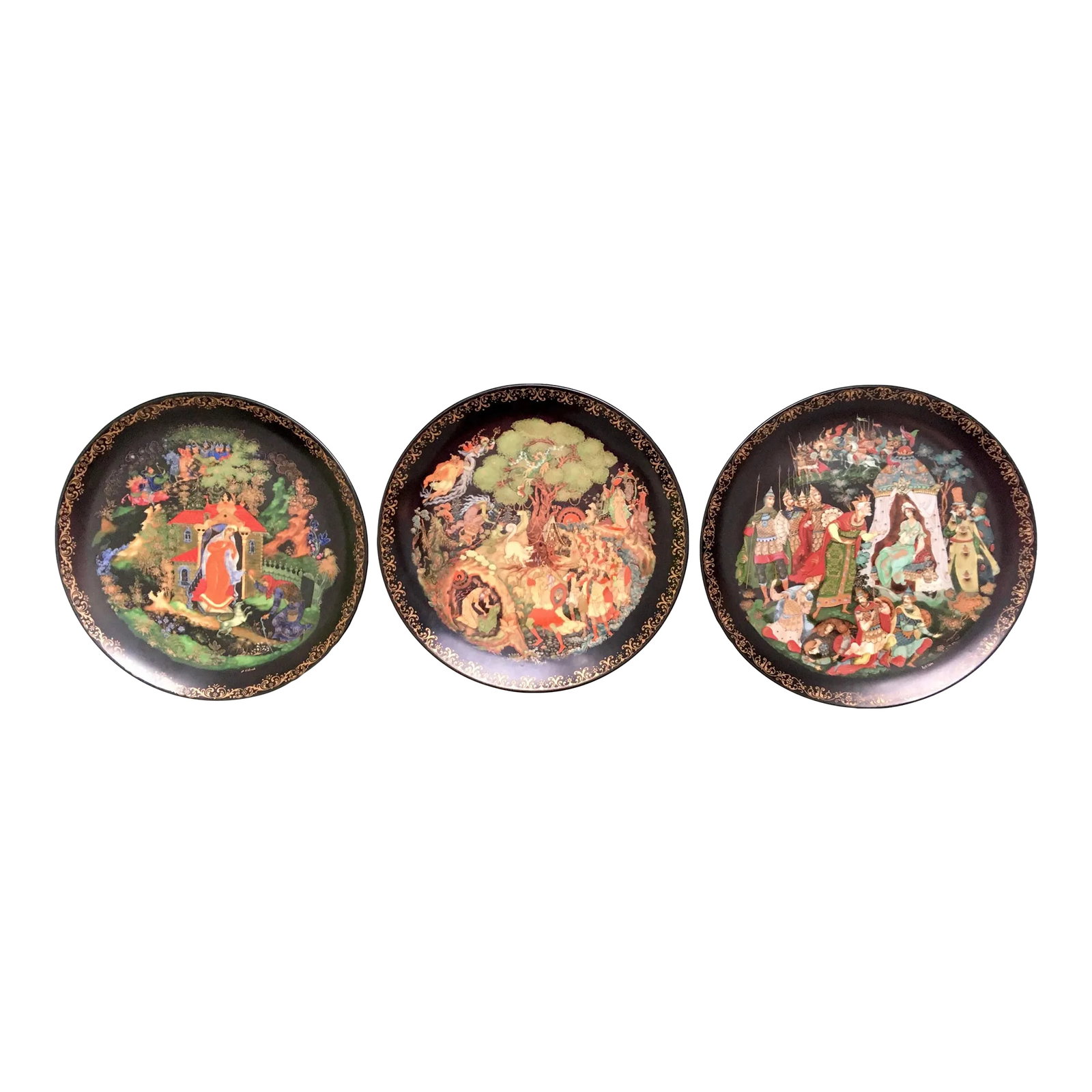Vintage Tianex Fairytale Themed Decorative Plates- Set of 3: A fascinating set of three colorful decorative plates done in the Palekh style by Alexander Kovalev based on traditional Russian fairy tales -The Princess & the Seven Bogatyrs -The Tale of the Golden