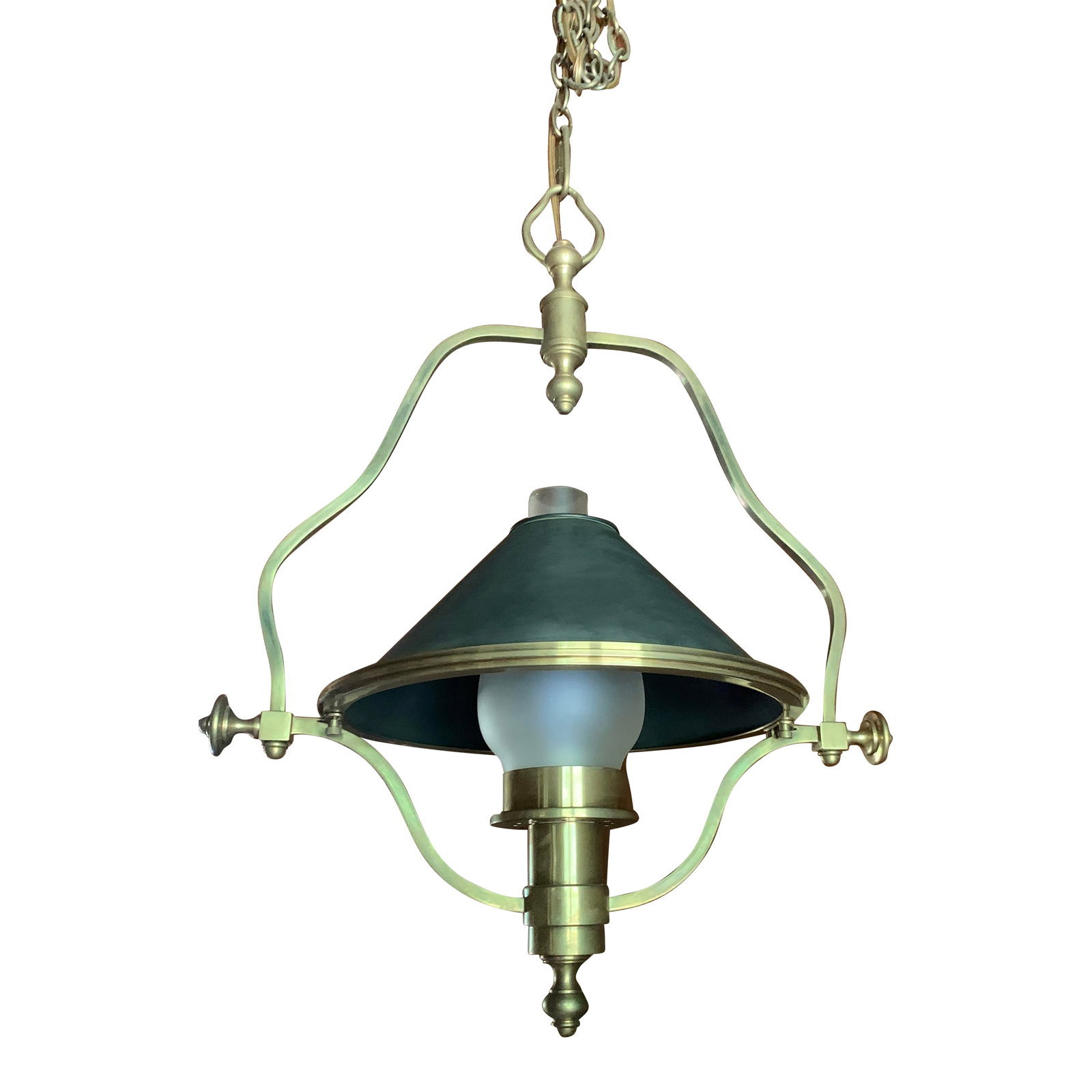 Solid Brass Train Station Pendant Lamp: Beautiful solid brass, train station lamp with black lampshade. Perfect over a dining table, a game table or a billiard table. The brightness is adjustable. Condition: Alterations: Original Condition 