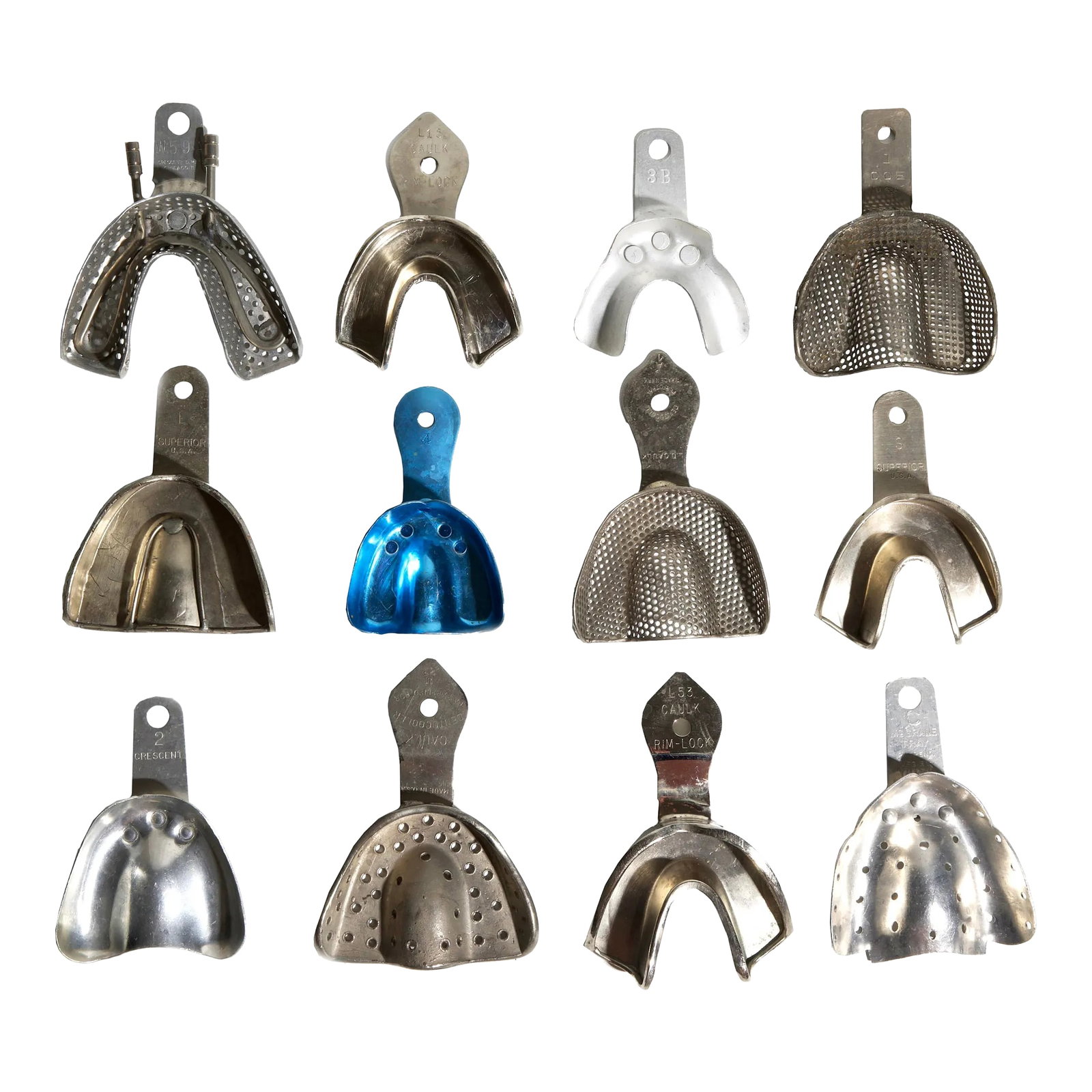 Dental Impression Molds - Set of 12: Check out this oddity set of 12 dental impression molds made of various metals. Each mold measures approximately 3" x 4" x 1" What a conversation piece! Condition: Alterations: Original Condition