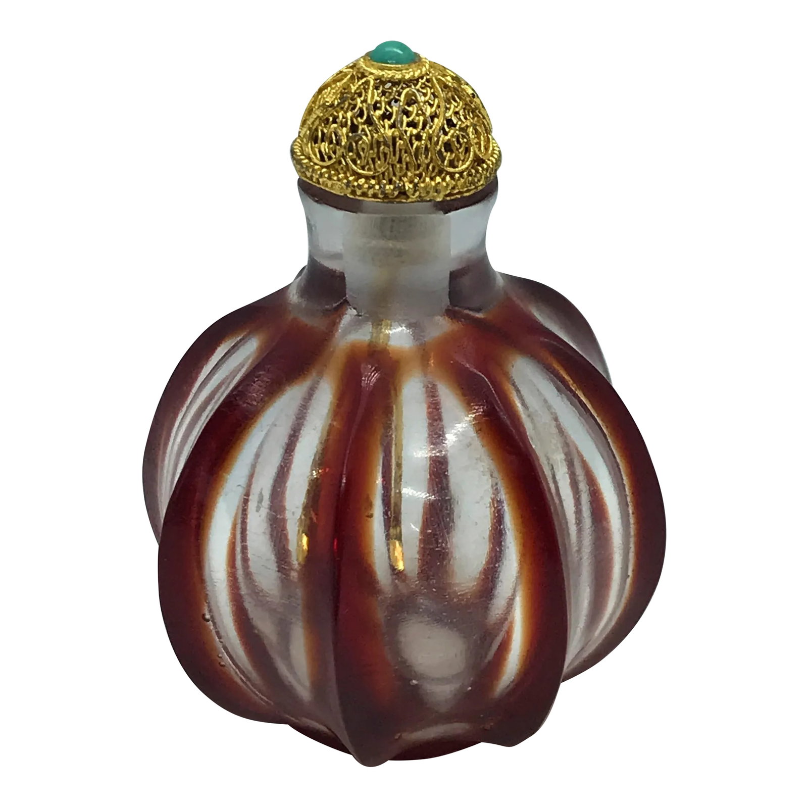 Vintage Early 20th Century Red Beijing Glass Bottle: The handblown snuff bottle has a definitive round geometric form with eight segments. The ridges of each segment has a strip of red overlay ending kin a red circular ring at the base. The cap is an ex