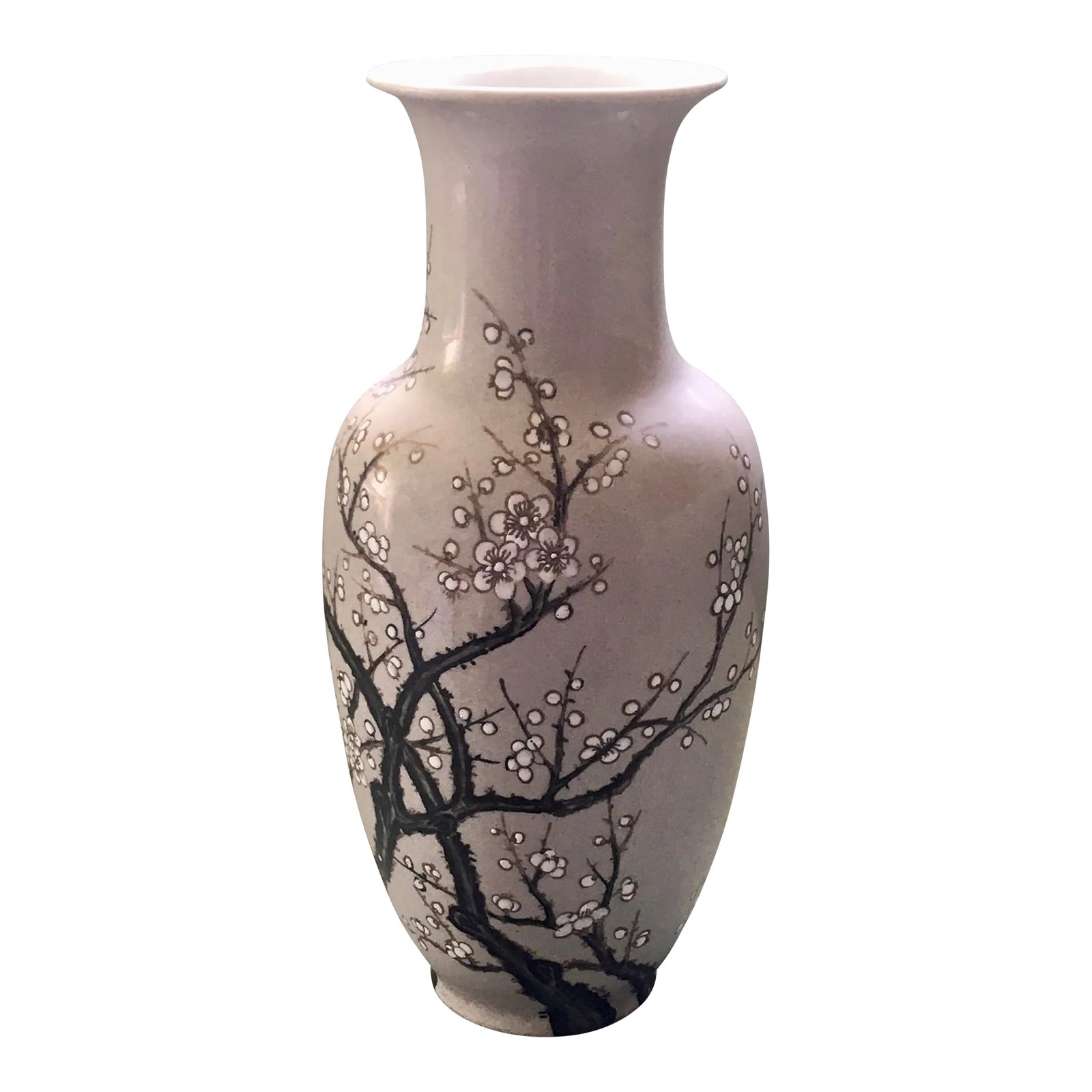 Vintage Mid 20th Century Nora Fenton Gray Cherry Blossom Ceramic Vase: A classic urn shaped vase with a cherry blossom pattern. Ships within 1-2 days using USPS. Arrives within 2-5 business days after receiving tracking. Condition: Alterations: Original Condition