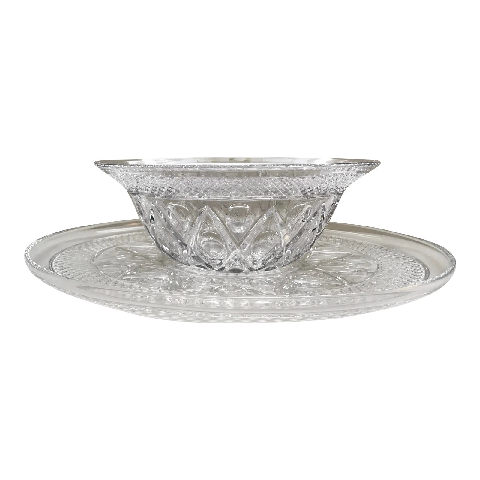 1940s Imperial Glass Company "Cape Cod" Salad Bowl & Sandwich Platter Set- 2 Pieces: -Bowl measures 10 3/4 inches wide at the top, 4 1/2 inches wide at the base and 5 inches tall. -Platter measures 16 1/2 inches in diameter and 1 1/4 inches tall. Ships within 1-2 days using USPS. All 