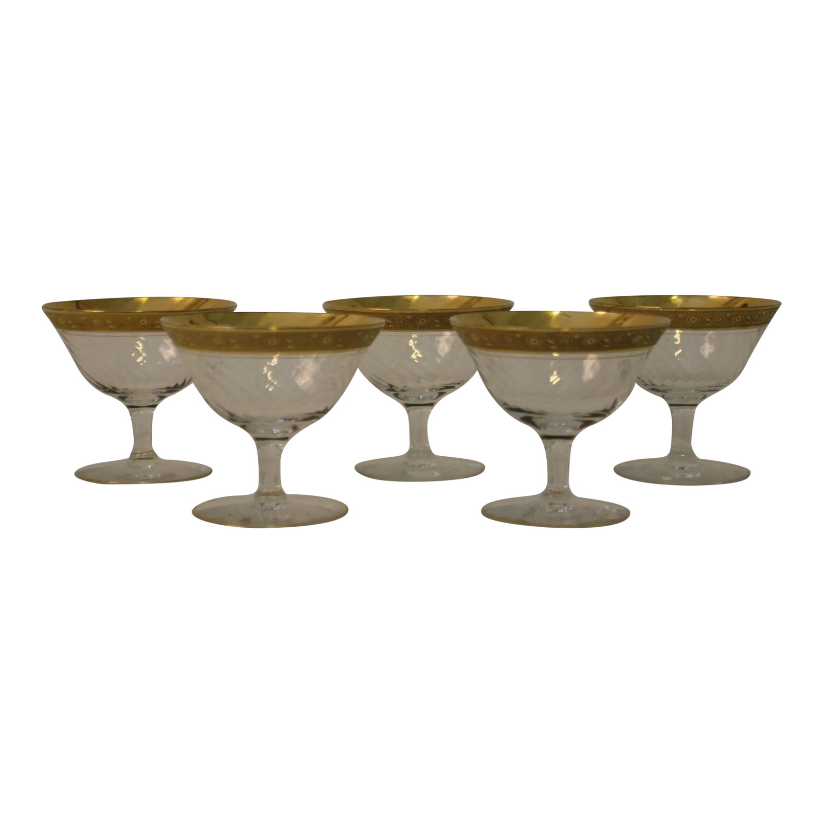 Vintage Tiffin Minton Clear Optic Gold Trim Glass Footed Dessert Cups- Set of 5: Vintage Tiffin Clear Optic Glass Low Stemmed Dessert / Sherbet Cups Set of 5 Minton Pattern These 5 footed dessert cups were produced by Tiffin in the period 1930-1967. They are clear glass and each