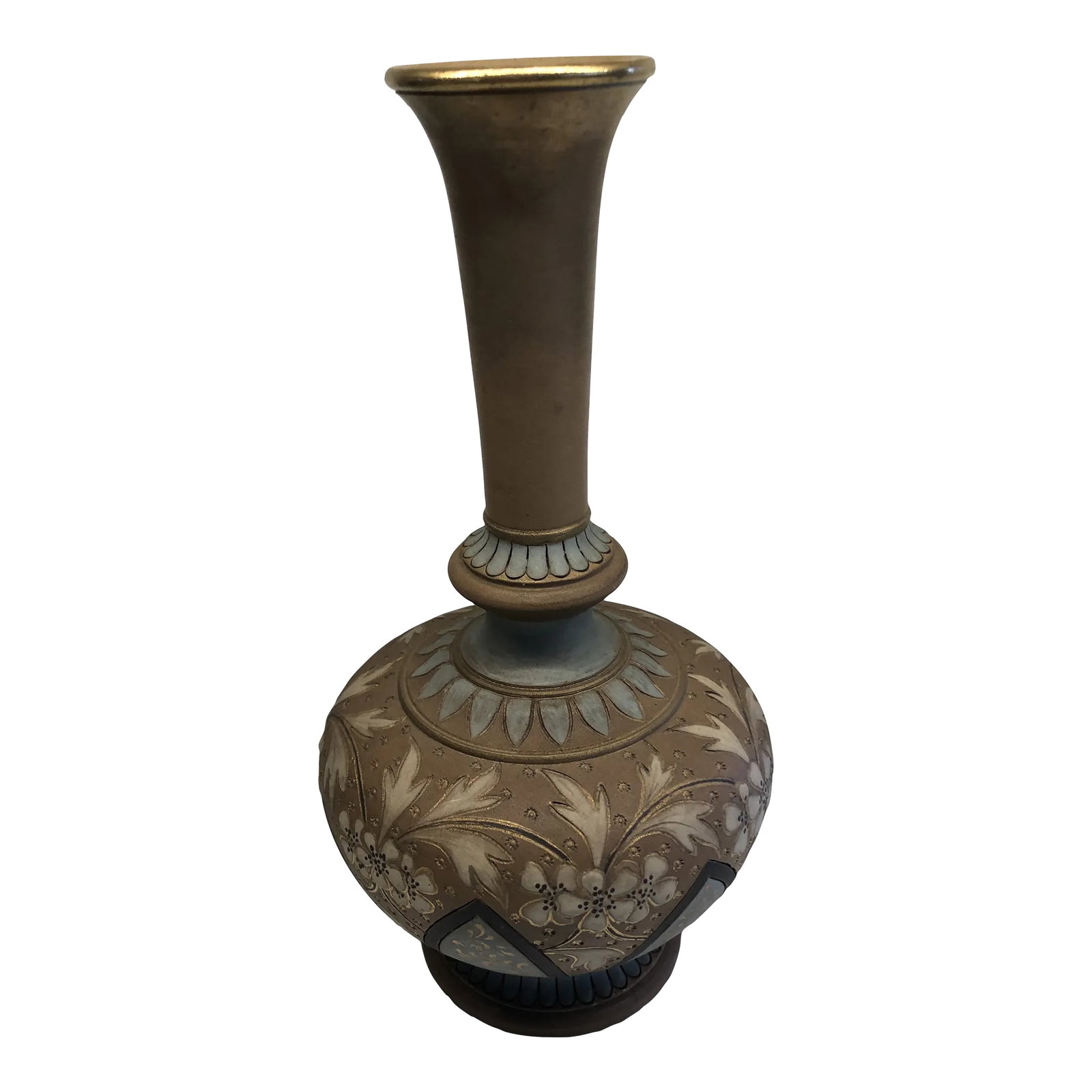 Antique 1890 Doulton Lambeth Silicon Vase: Circa 1890 Doulton Lambeth silicon vase. Bulbous base and tapered neck to slightly flared top. Impressed mark on base. Condition: Alterations: Original Condition Unaltered Imperfections: Some