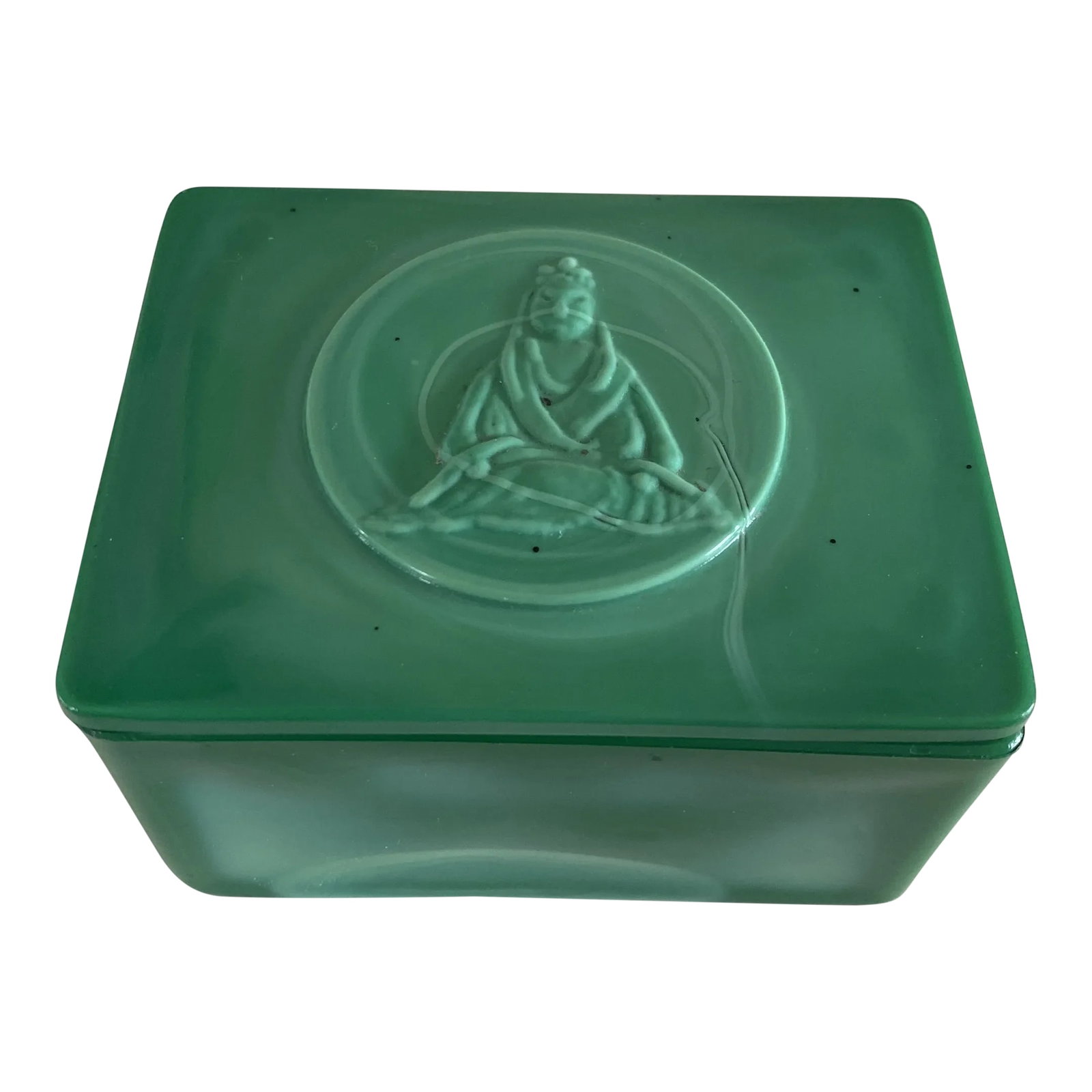 Late 19th Century Chinese Green Peking Glass Buddha Box: Listing is for a green opaque glass box with raised Buddha medallion. Condition: Alterations: Original Condition Unaltered Imperfections: Some Imperfections Condition Notes: No chips or cracks identif