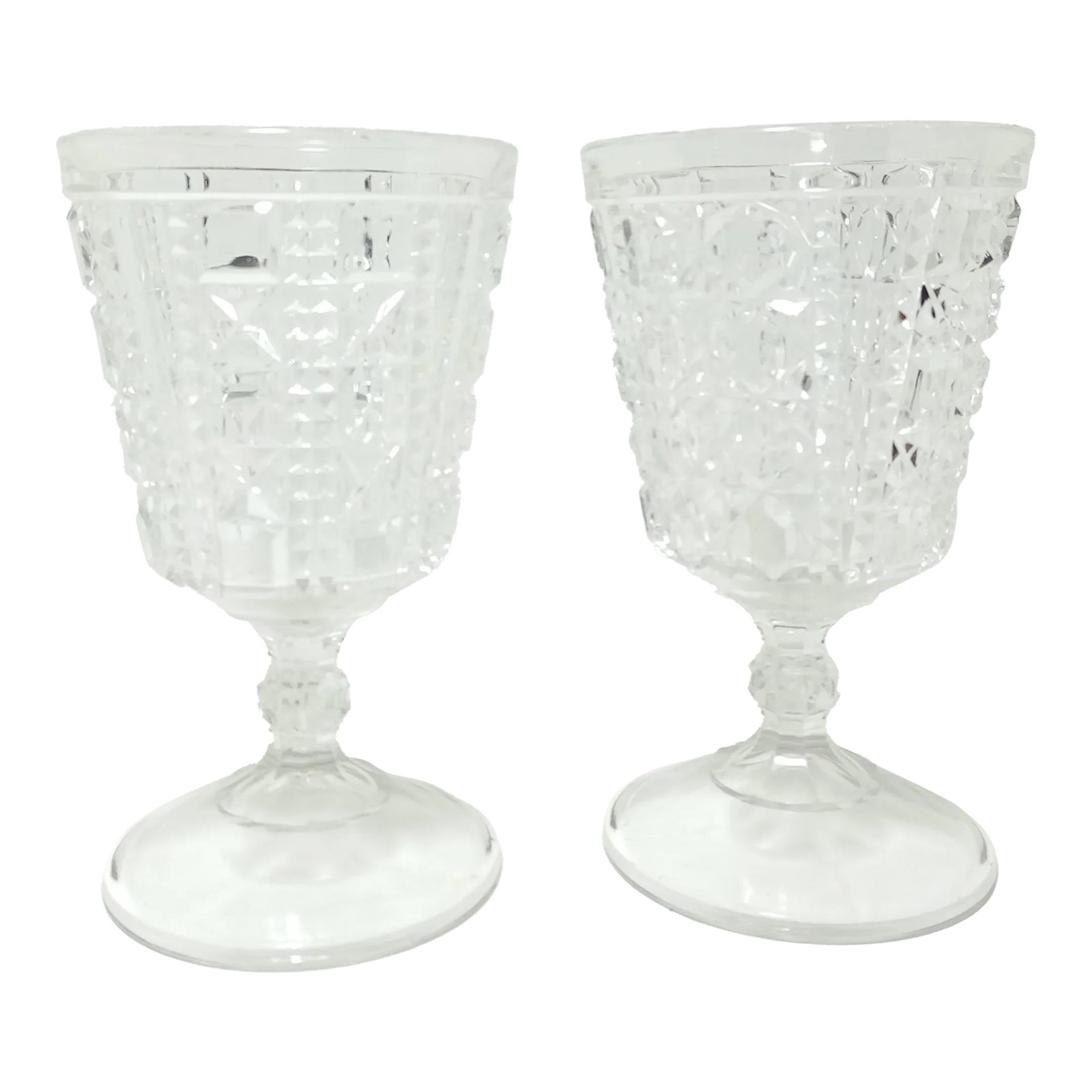 Late 19th Century Adams & Co Valencia Glass Goblets- Set of 2: Two very nice goblets with block and star design. The only information I could find on these is that it is from the 1880s and EAPG by Adams and Co. However to my eye, these are too "perfect" to be EAP