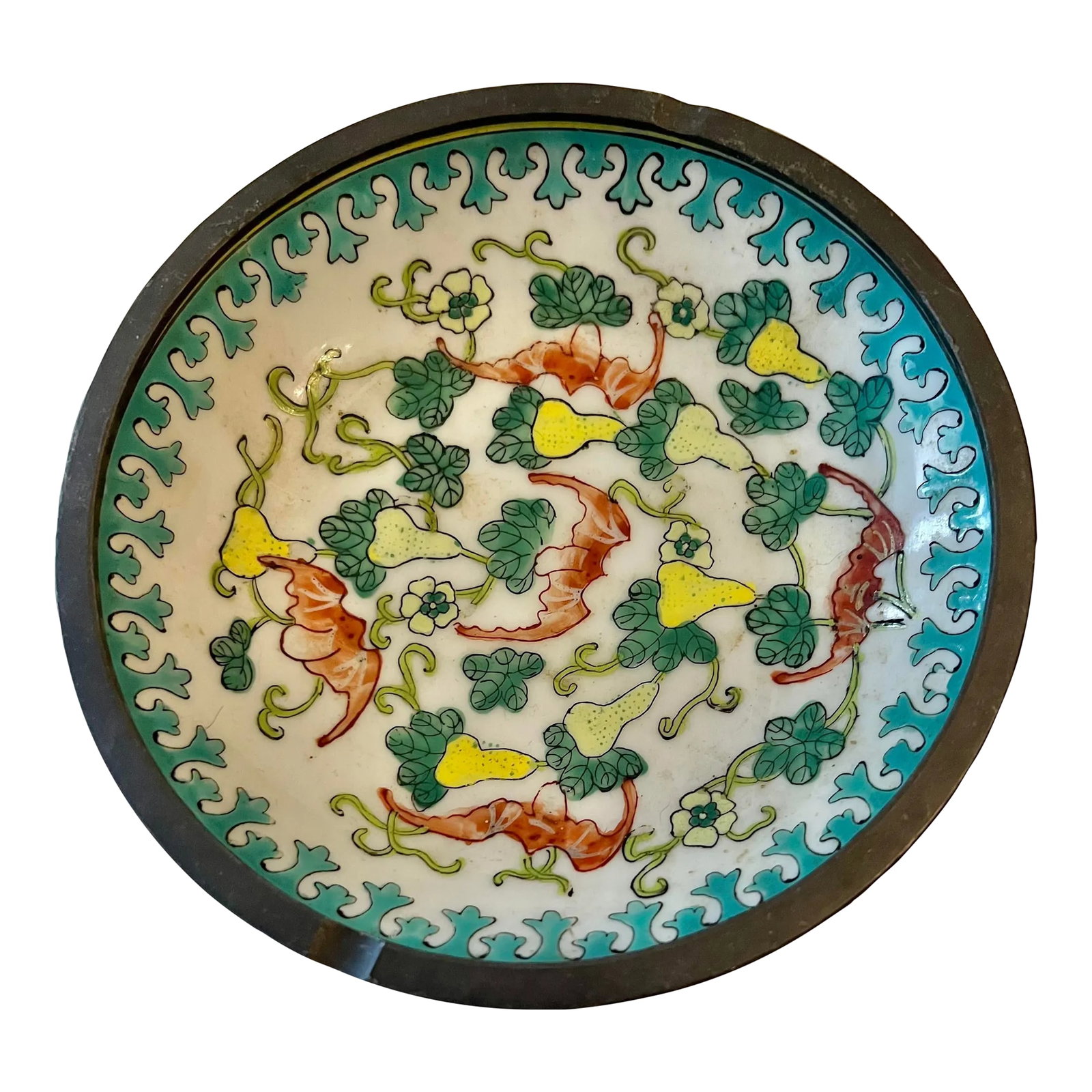 Mid Century Asian Porcelain Bowl Wrapped in Pewter: Vintage Japanese Porcelain Floral Plate - A.C.F. Decorated in Hong Kong Mark . Wonderful display plate hand painted white background decorated with green, yellow and red floral. Condition: