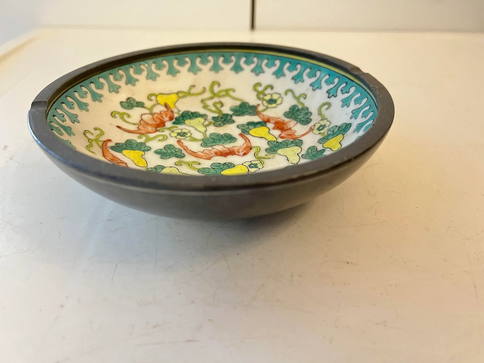 Mid Century Asian Porcelain Bowl Wrapped in Pewter - 3