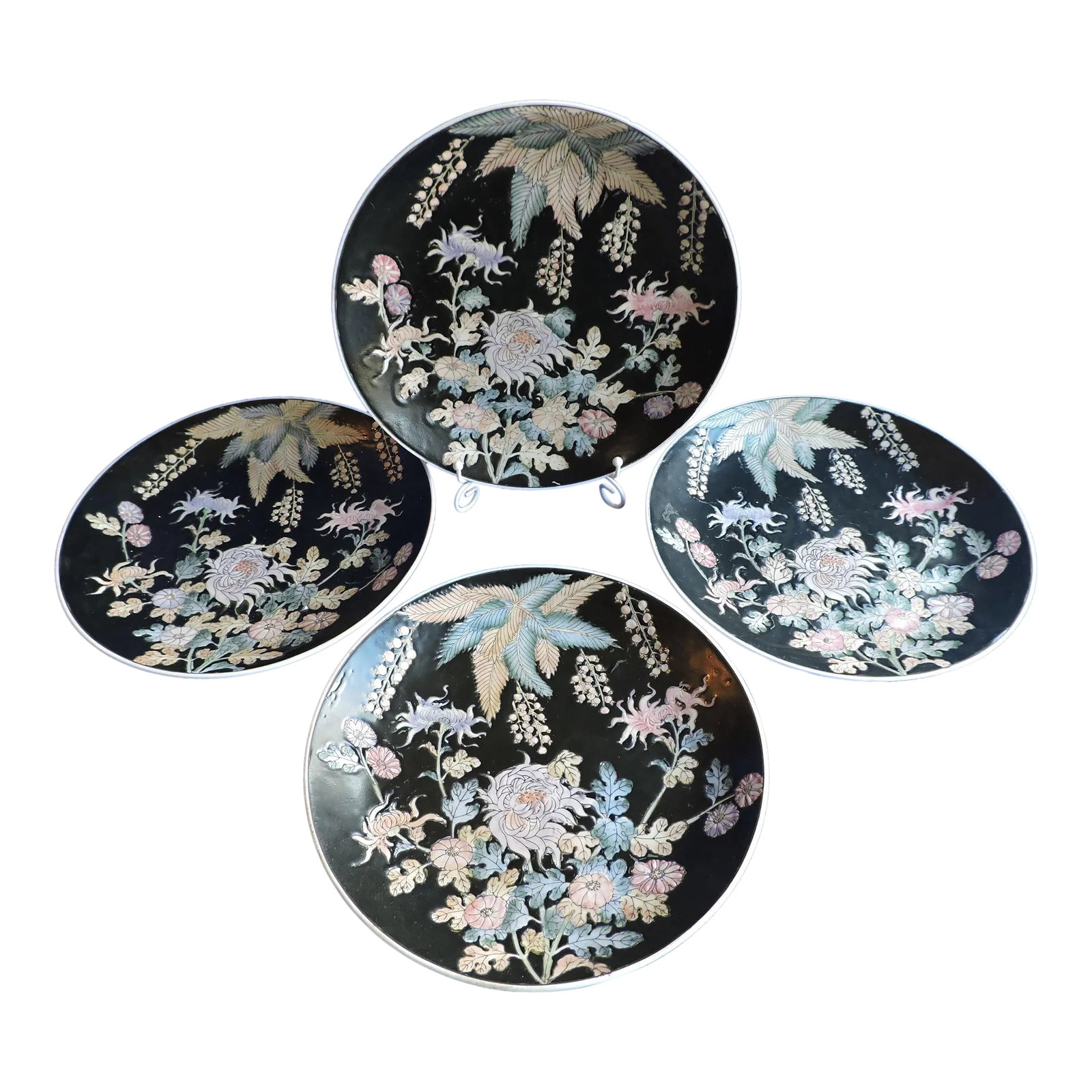 Late 20th Century Chinese Famille Noire Porcelain Hand Painted Plates Set of 4: These Chinese black porcelain hand painted plates were made in China and they are marked as no for food use which helps date these to the 1970's when food poisoning was becoming more recognized. These