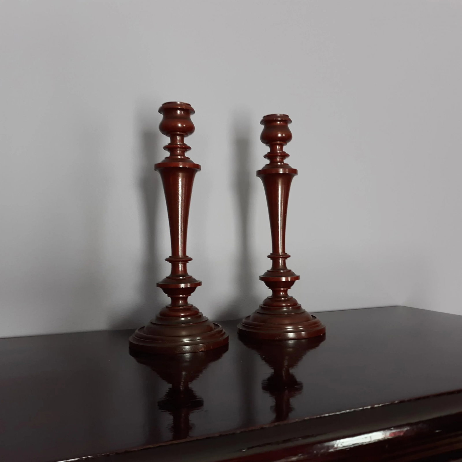 Mid 20th Century Tall Handcrafted Wooden Spindle Styled Candlestick Pair - 11