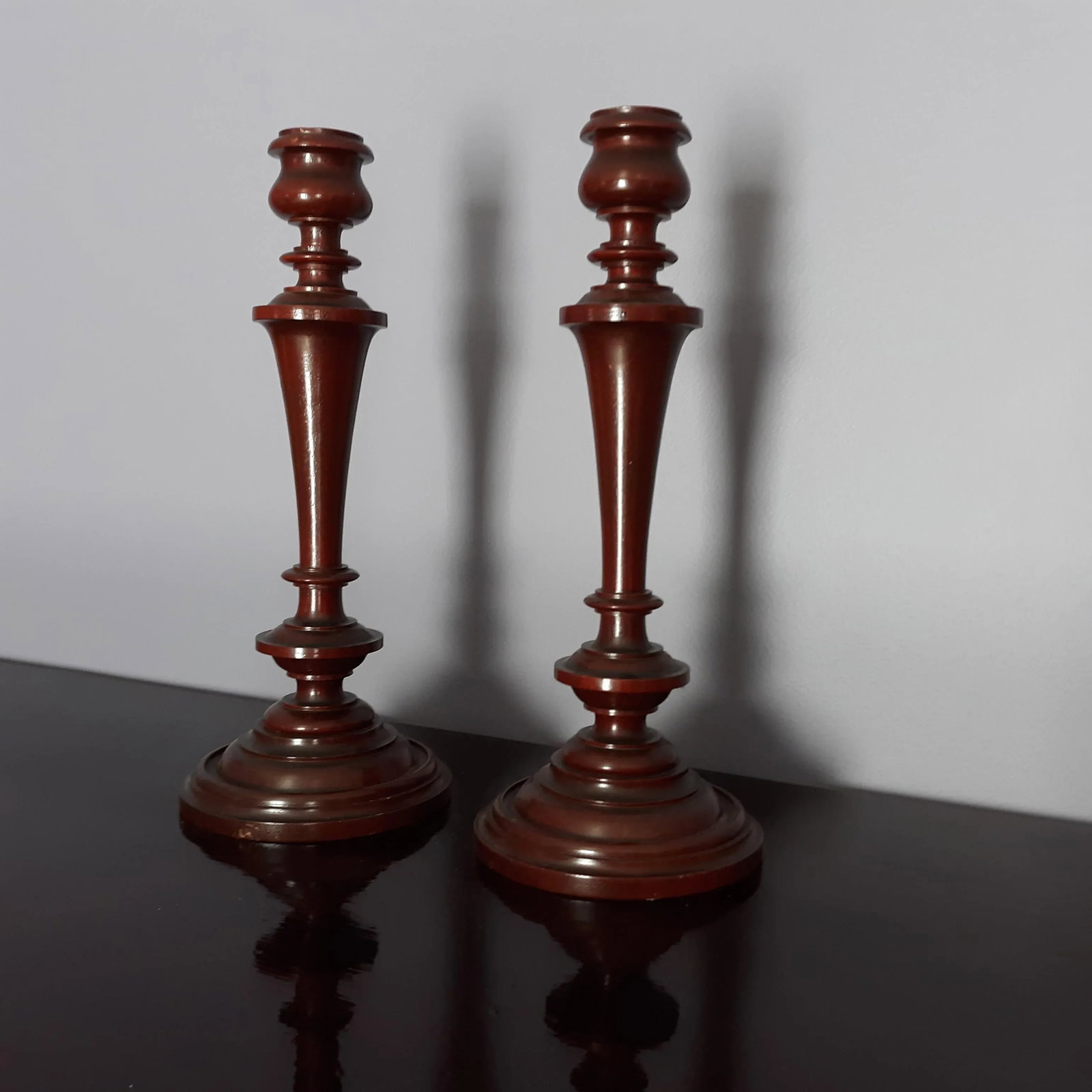 Mid 20th Century Tall Handcrafted Wooden Spindle Styled Candlestick Pair - 2