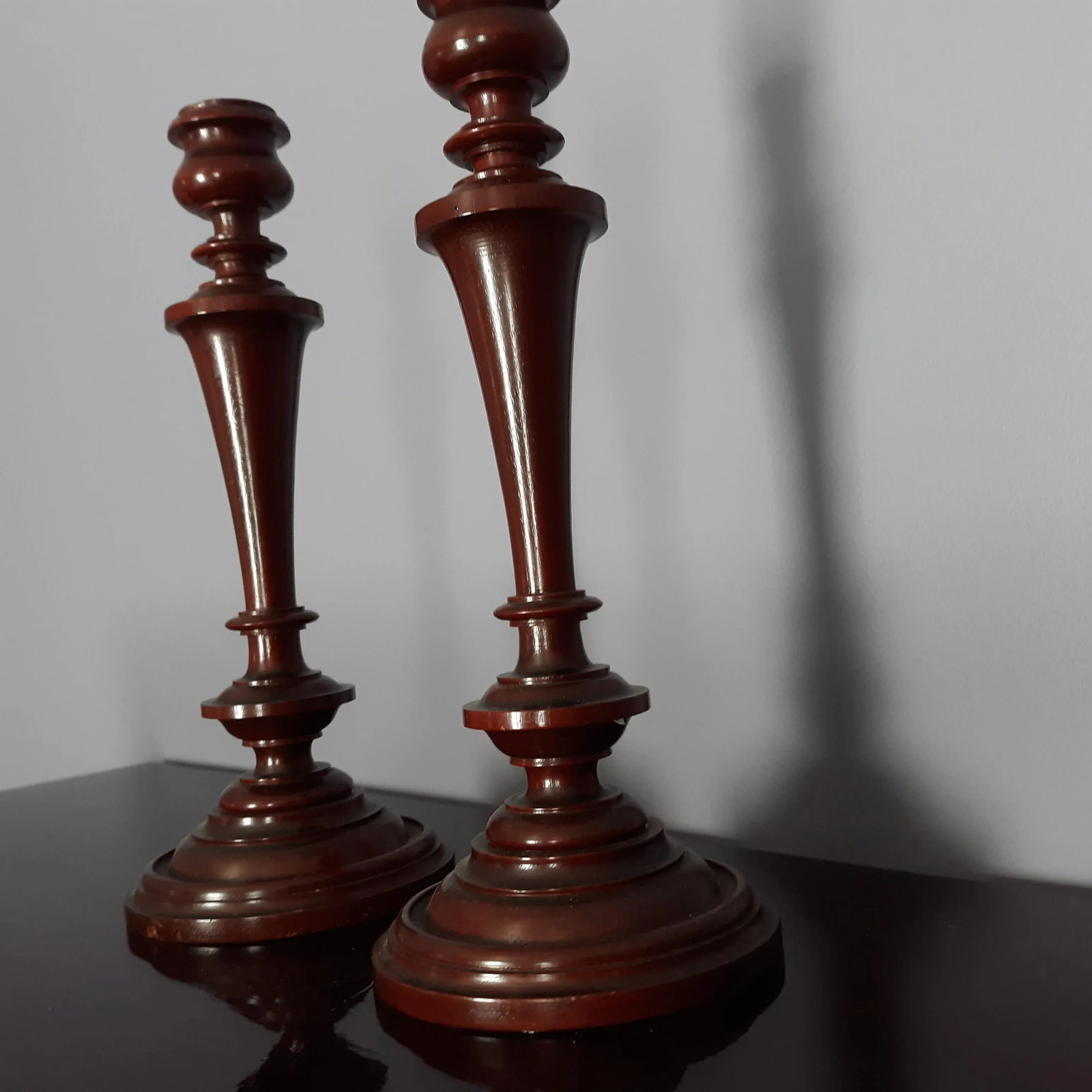 Mid 20th Century Tall Handcrafted Wooden Spindle Styled Candlestick Pair - 3