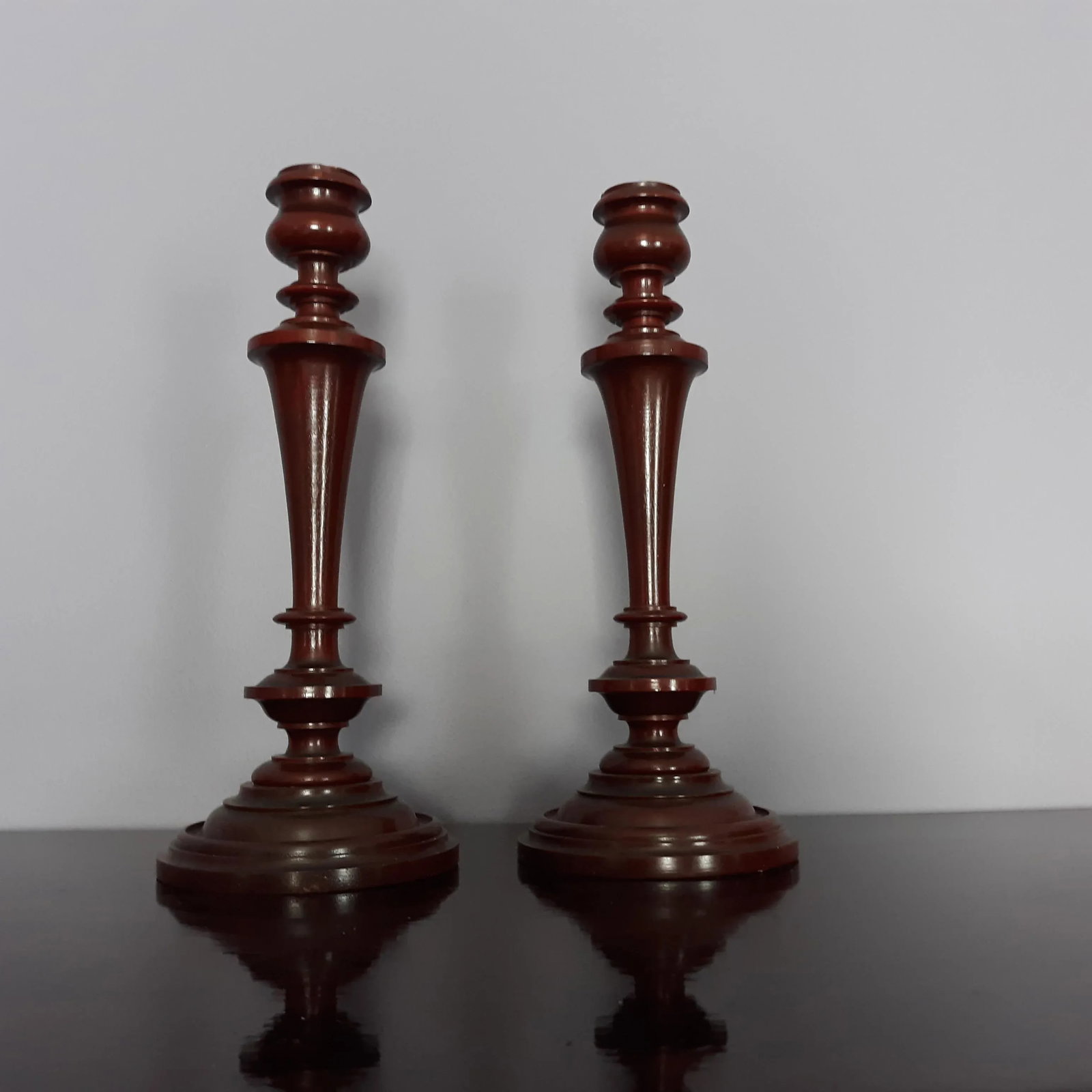 Mid 20th Century Tall Handcrafted Wooden Spindle Styled Candlestick Pair - 4