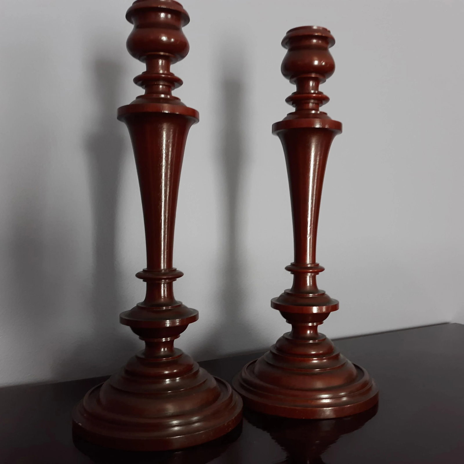 Mid 20th Century Tall Handcrafted Wooden Spindle Styled Candlestick Pair - 6