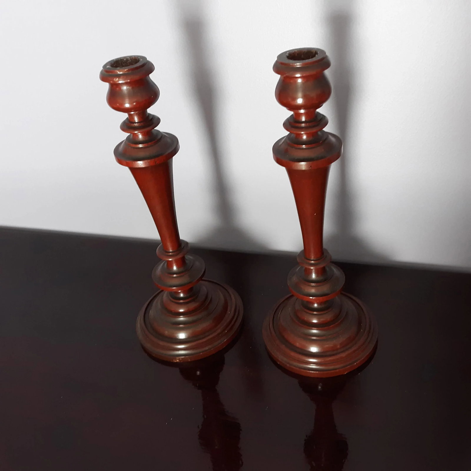 Mid 20th Century Tall Handcrafted Wooden Spindle Styled Candlestick Pair - 7