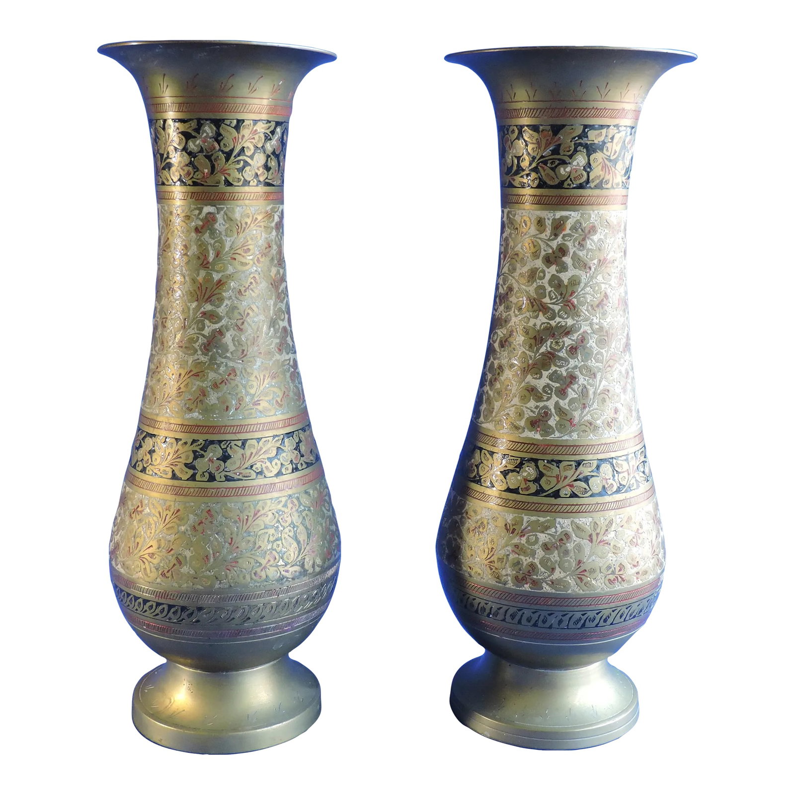 Vintage 1950s Hand Etched Black Lacquered Floral Engraved Brass Vases Made in India - a Pair: This pair of hand engraved brass vases were made in India and they were made sometime around the 1950's. These vases were etched with a banded fig floral engraving that was hand engraved with figs