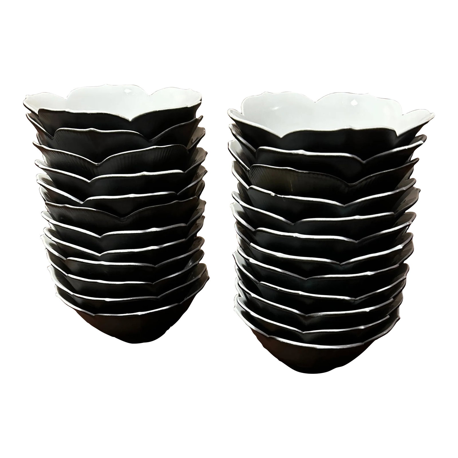 Vintage Omc Lotus Shaped Bowls- Set of 24: OMC Vintage bowls from 1950-1960 made in Japan multi use - cereal, soup, dessert or rice bowls ( one of the 24 has a small chip) black matte with bright white Condition: Alterations: Original