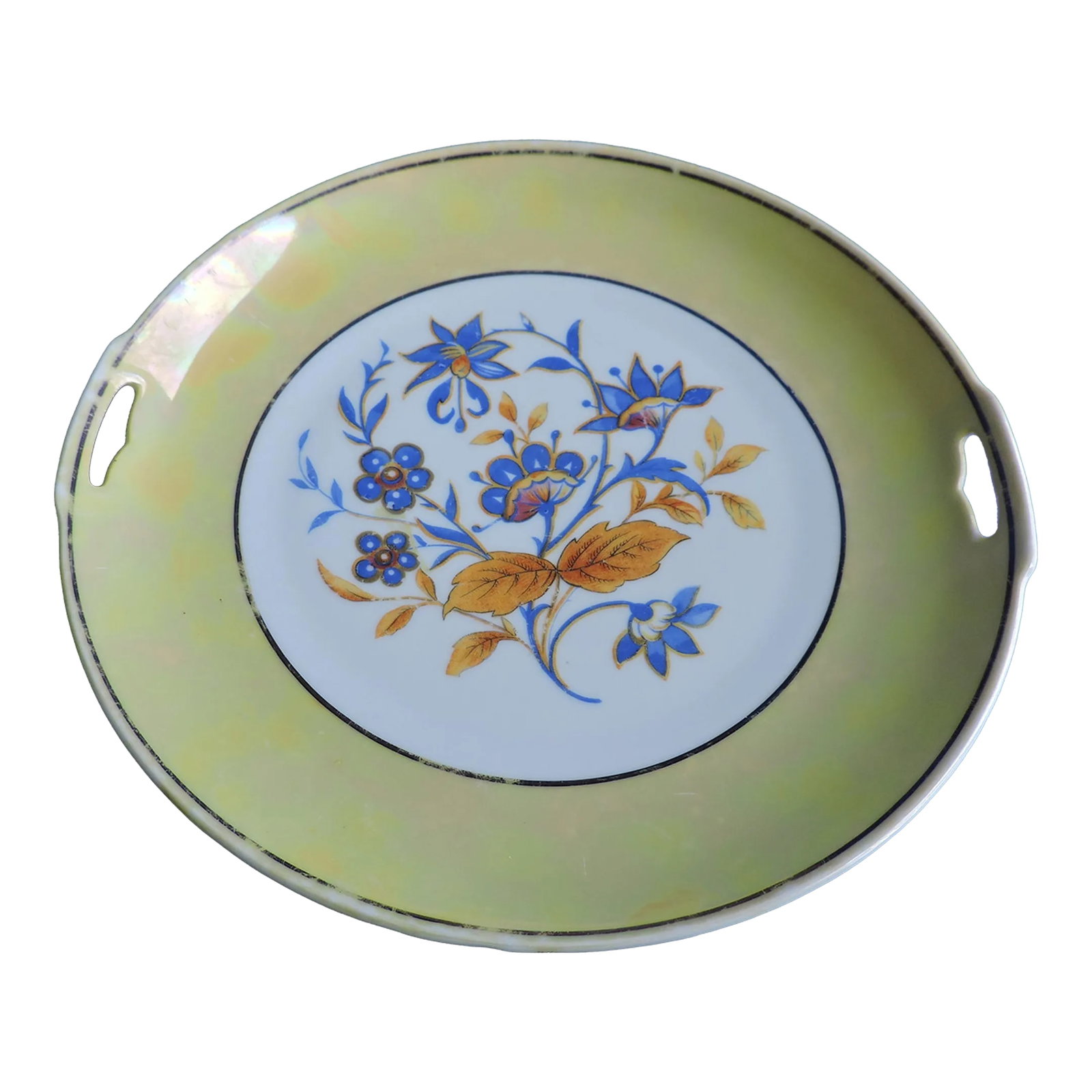 1930's German Bavarian Celebrate Porcelain Yellow Lusterware Handled Dish: This German Bavarian yellow lusterware two handled dish was made by the Celebrate Porcelain Company from Germany and it was made circa 1930. This handled dish was made with a lovely yellow and blue