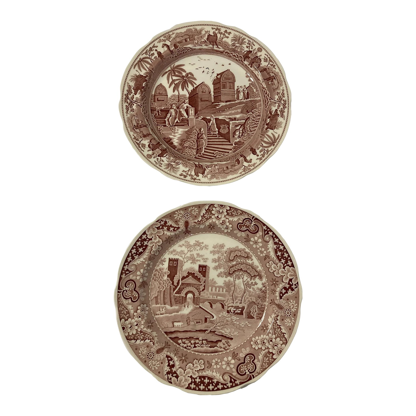 Spode Archive Collection Red Transferware Plates, Castle & Caramanian, Set of 2: A charming set of two decorative plates from Spode's Archive Collection, featuring the classic Castle and Caramanian patterns rendered in rich red transferware. Made in England, these plates showcase