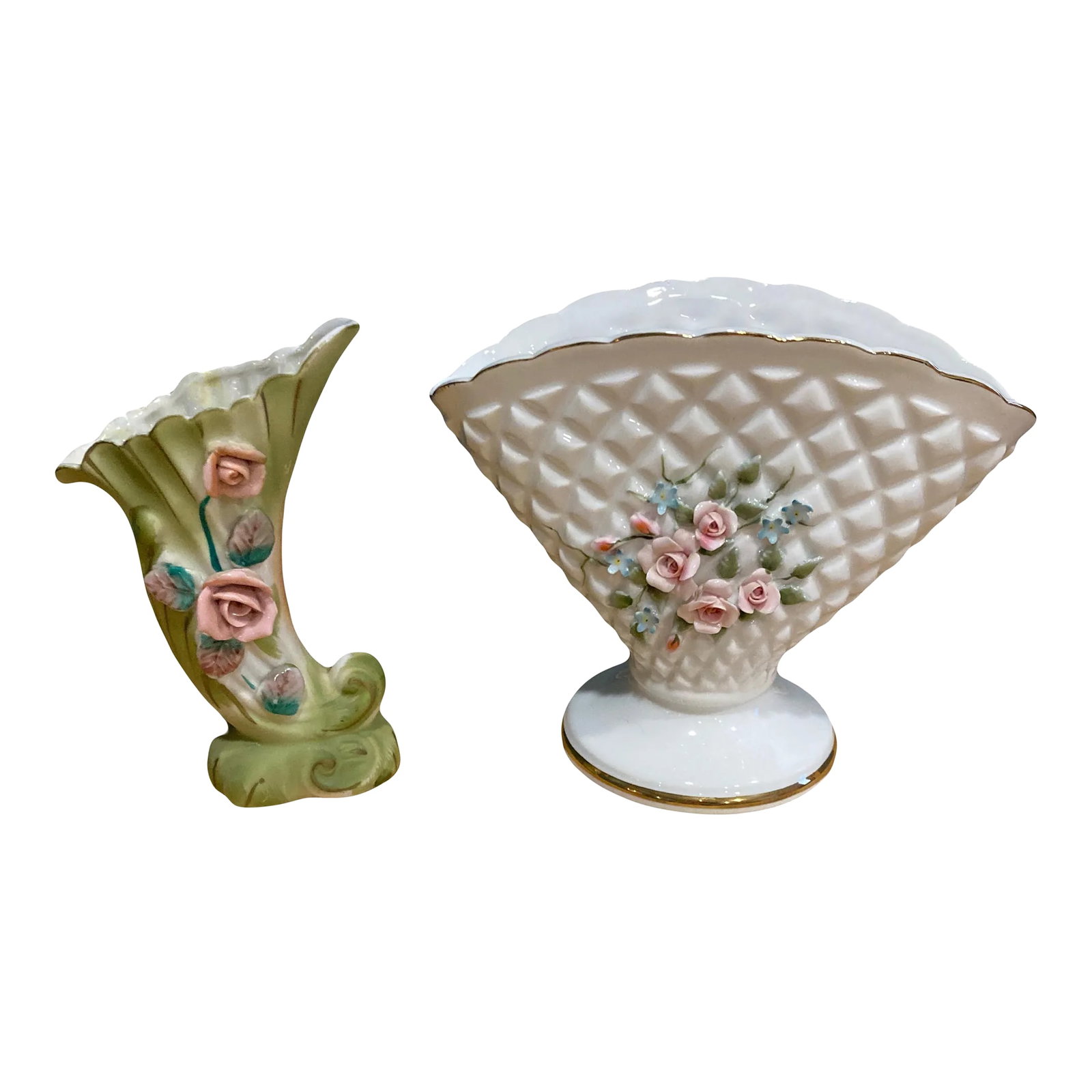 Vintage Lefton Ceramic Rose Vases- Set of 2: Two Lovely ceramic vases with applied roses. Green vase is hand painted Royal Japan brand. White vase is Lefton China hand painted. Green Vase: 6" T x 4" W x 2.5" D White Vase: 6.25 T x 8" W x 4" D Co