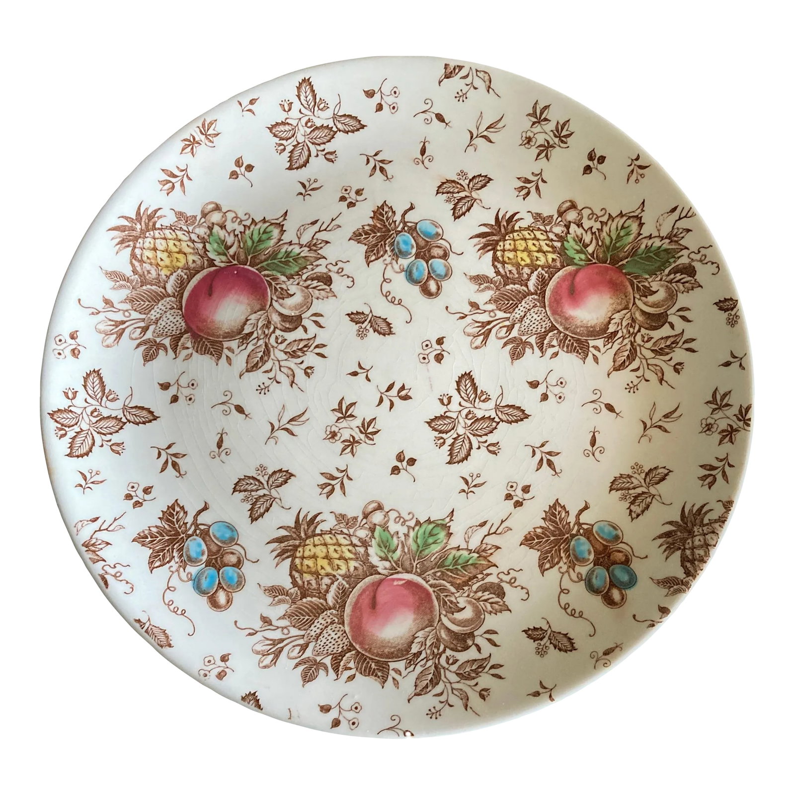 1950's Nasco Hand Painted Fruit Serving Plate: This stunning hand-painted serving plate by Nasco of Japan showcases the Viceroy pattern with a colorful medley of peaches, grapes, and pineapples. The rich hues and whimsical fruit motif make it a