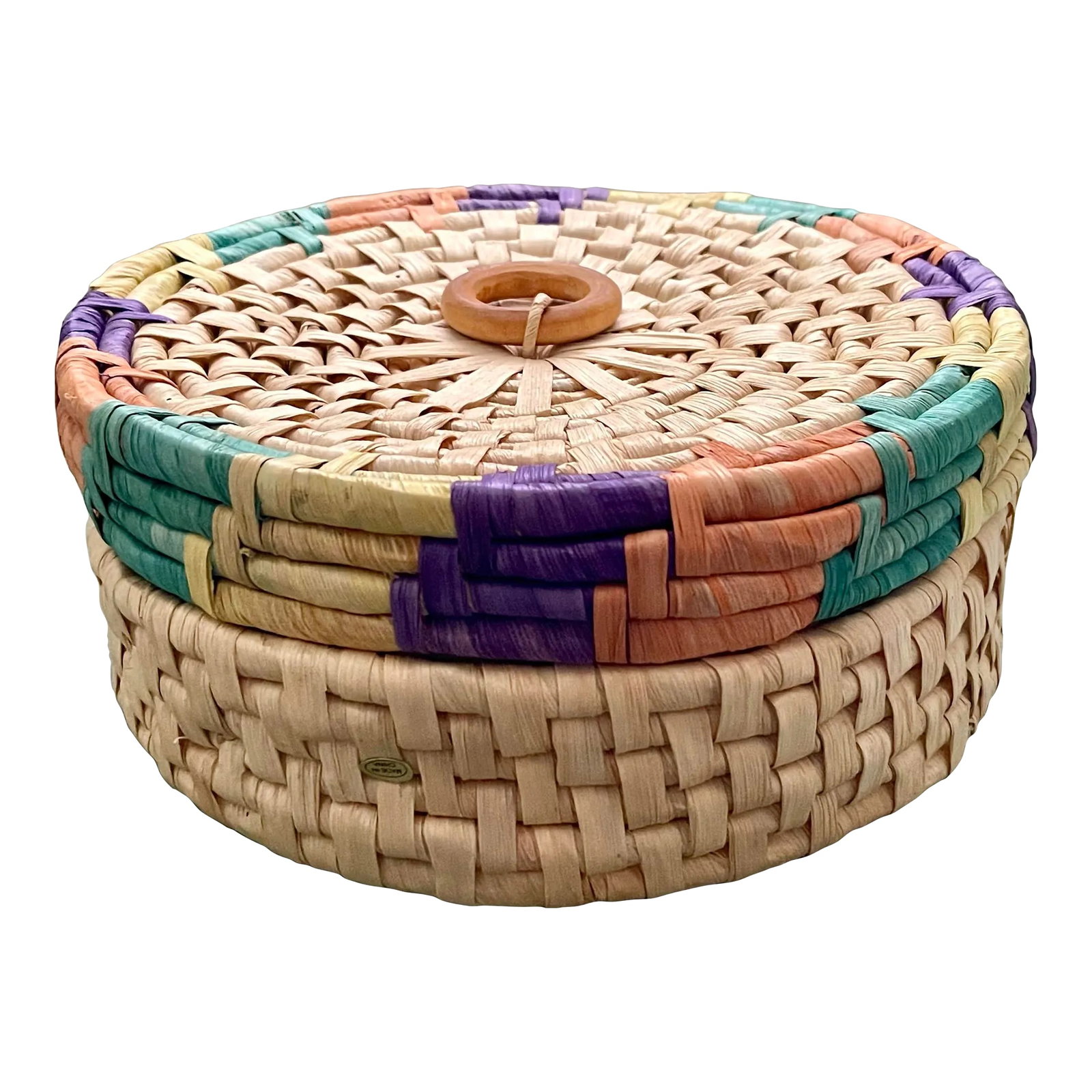 Late 20th Century Vintage Multicolored Round Woven Basket With Wooden Handle: A jewel tone wide weave lidded basket with a Bakelite style handle in a circular pattern. Ships within 1-2 days using USPS. All items packed with care. Please contact us with any questions. Arrives