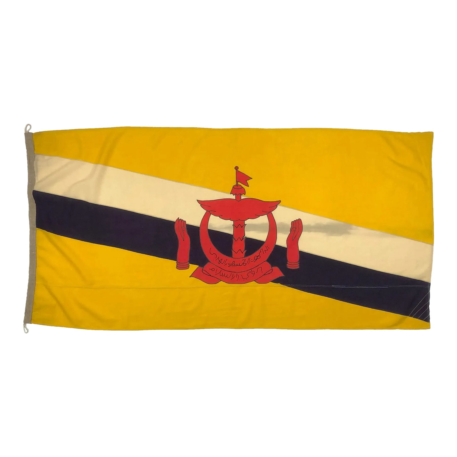 Vintage Wool Hand-Painted Flag of Brunei: This vintage flag of Brunei is made from a coarse woolen cloth with hand-painted design visible on both sides. Please note staining and other wear from age. Estimate 1980s. Condition: Alterations: