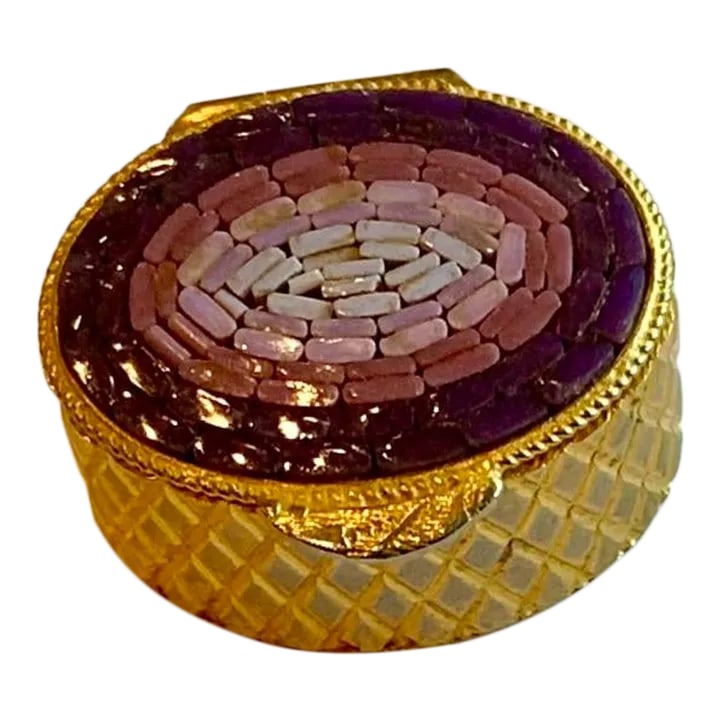 1970s Vintage Italian Micro Mosaic Trinket Box: Unusual in its color, purple graduating to the faintest of lilac, this pretty micro mosaic trinket box from the 70s would be a special addition to any trinket box collection. Made in Italy, it is in