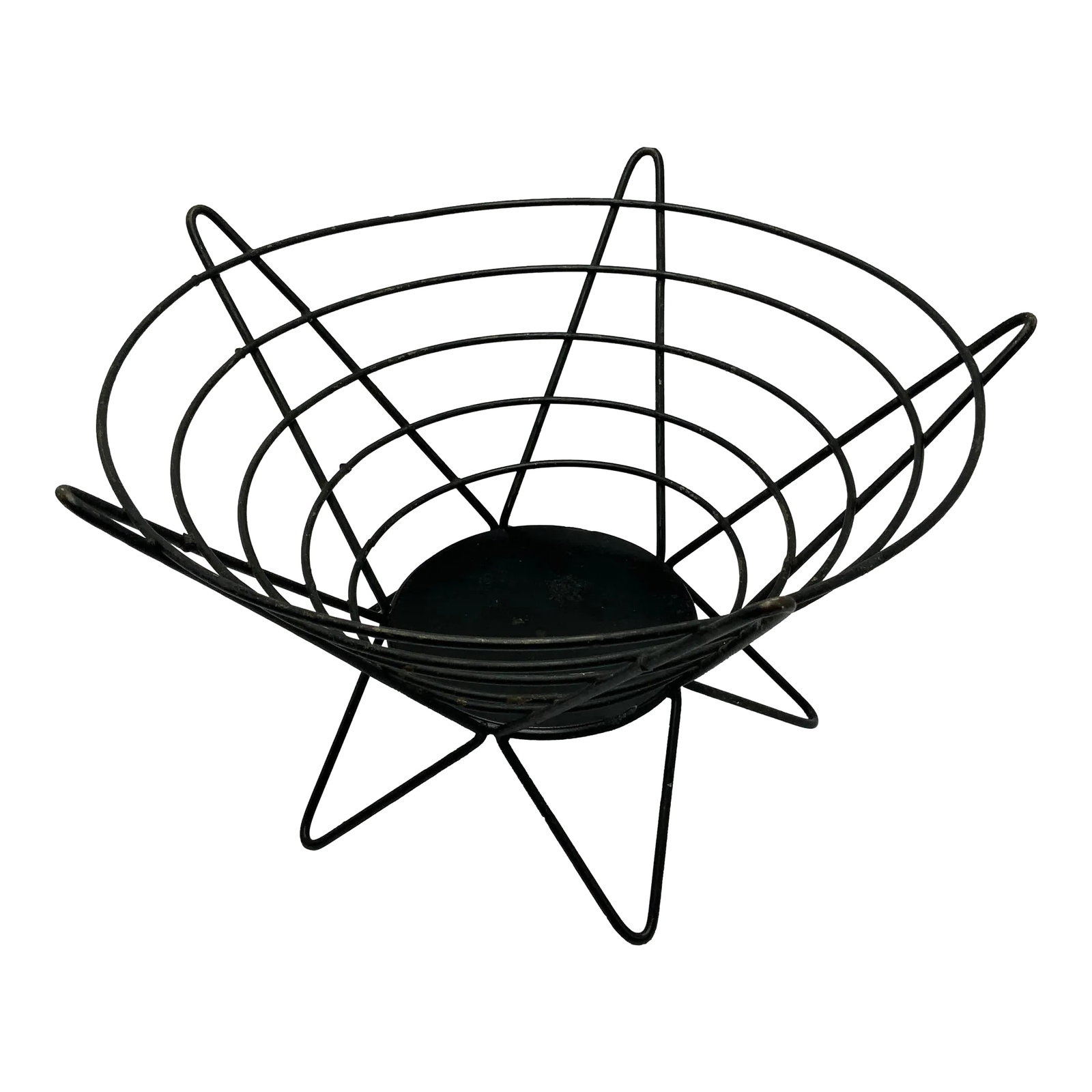 1950s Fred Press for Rubel Mid Century Atomic Metal Fruit Basket: L 12.5" W 12.5" H 8" Fred Press for Rubel Mid Century Atomic Metal Fruit Basket Condition: Alterations: Restored Imperfections: Some Imperfections Condition Notes: Very good condition. Repainted