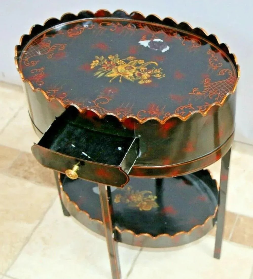 1990s Maitland Smith Table English Regency Metal Black Painted Two Tier Drawer Rare - 3
